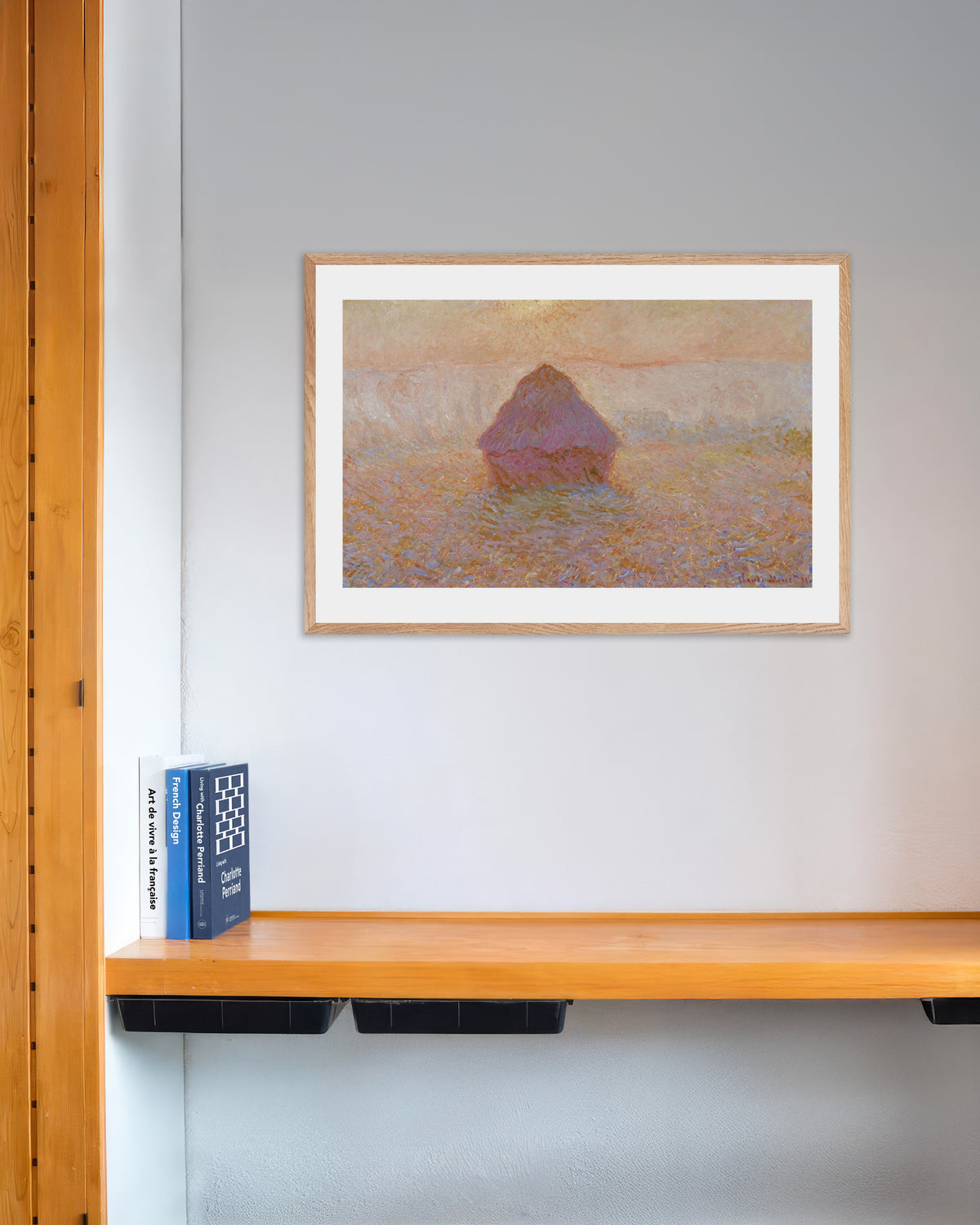 Plakat Stóg, słońce we mgle (1891), Claude Monet, w ramie z naturalnego drewna