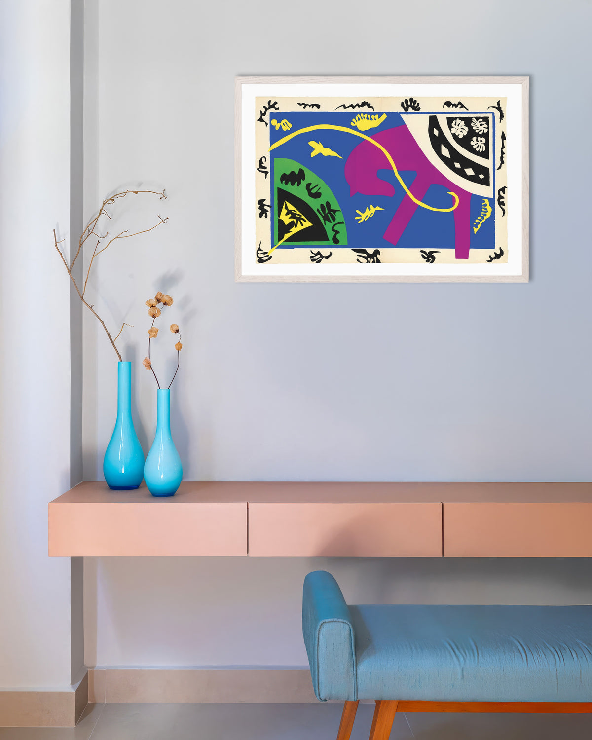Plakat „Koń, jeździec i klaun (Jazz, 1947), Henri Matisse” w białej drewnianej ramie