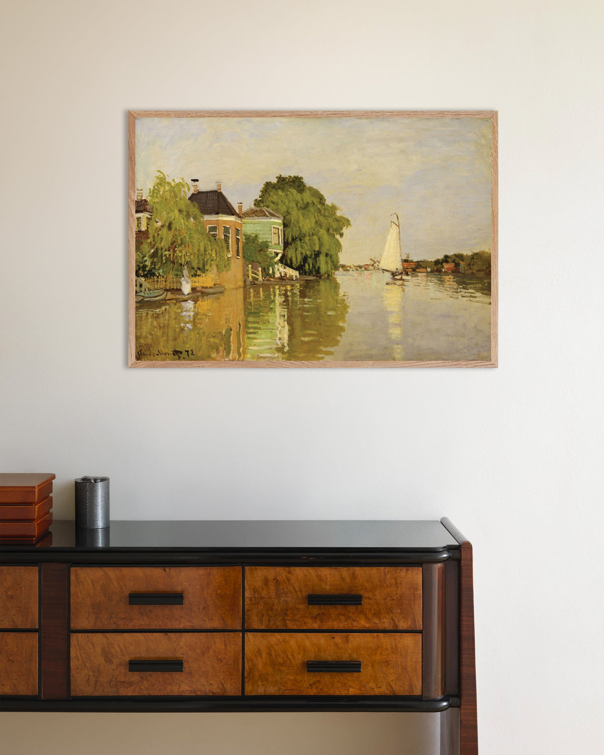Plakat Domy nad Achterzaan (1871), Claude Monet, w ramie z naturalnego drewna