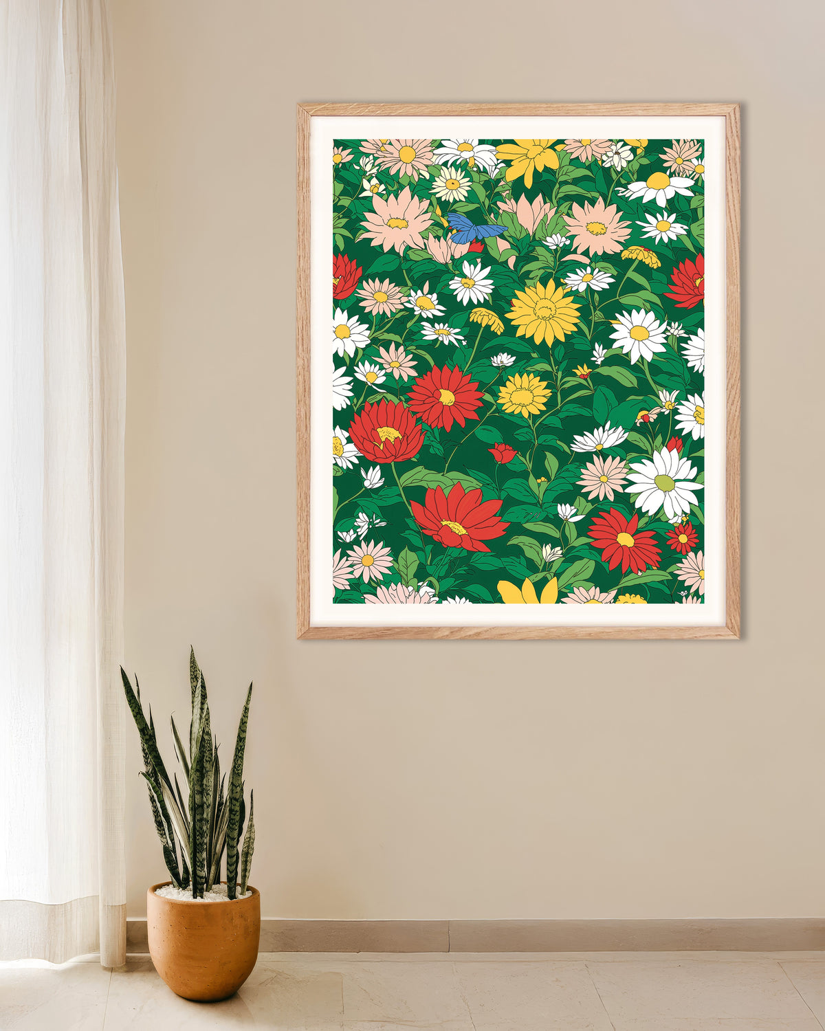 Plakat przedstawiający Japońskie studio animacji, kwiaty, w drewnianej ramie w naturalnym kolorze