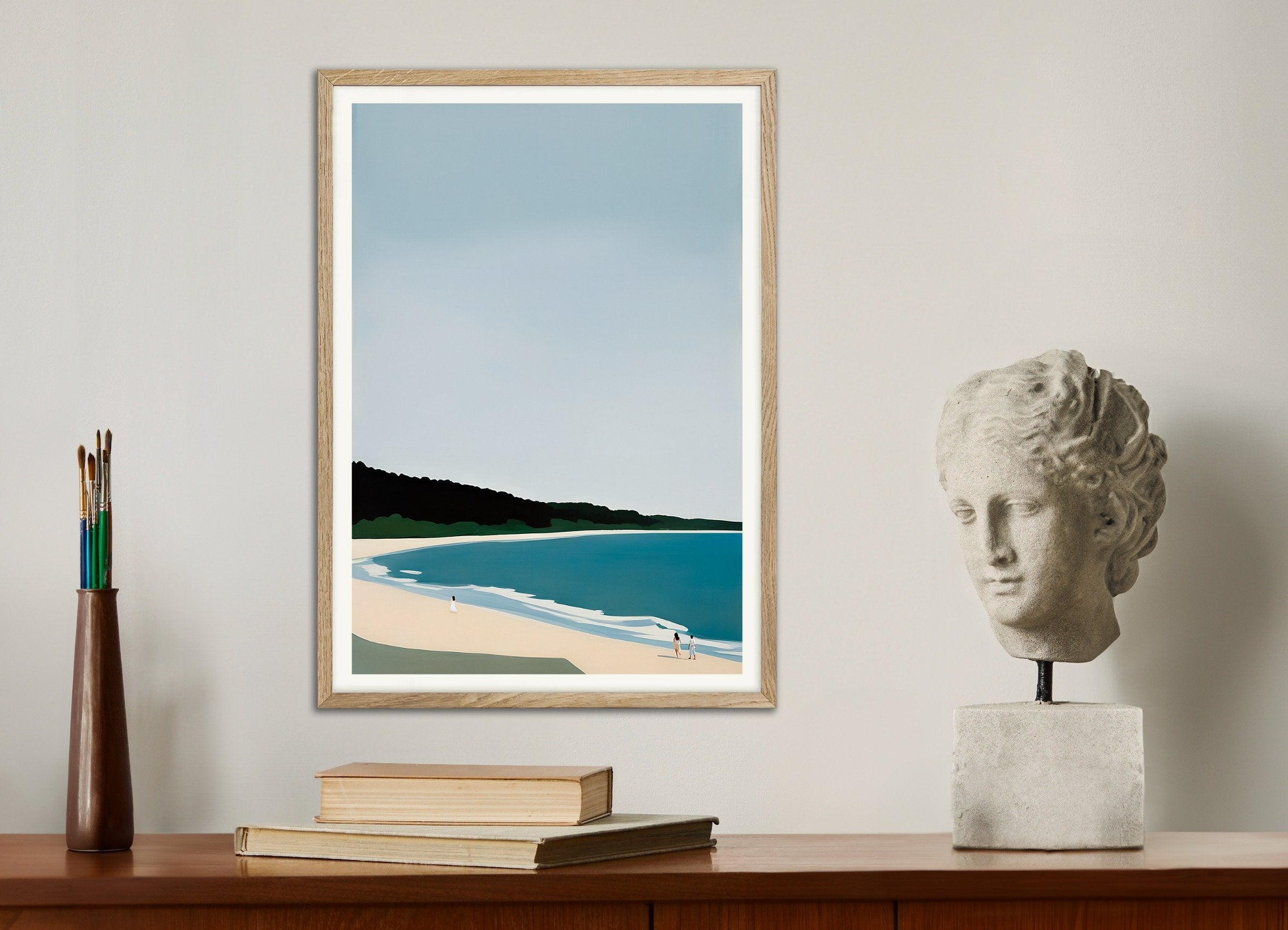 Poster of Joy on the Beach - Coastal Landscape Art Print, with natural wooden frame
