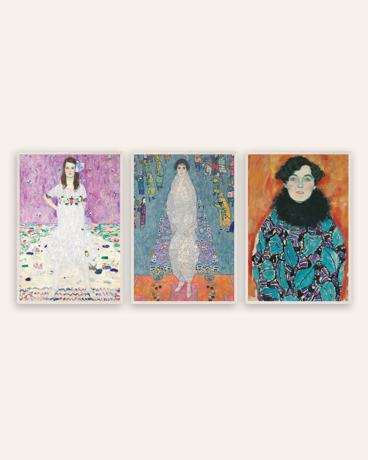 Plakaty Klimta, zestaw 3 portretów: Mäda Primavesi, Elisabeth Lederer i Johanna Staude, w ramach z białego dębu