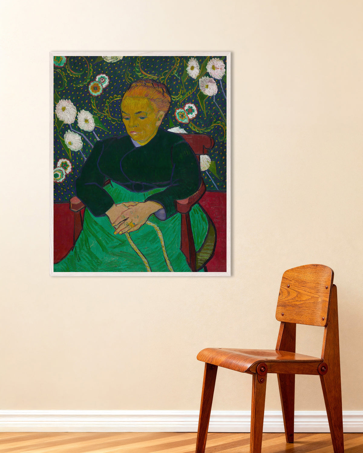 Plakat „La Berceuse, Madame Roulin kołysząca kołyskę (1889), Vincent van Gogh” w białej drewnianej ramie