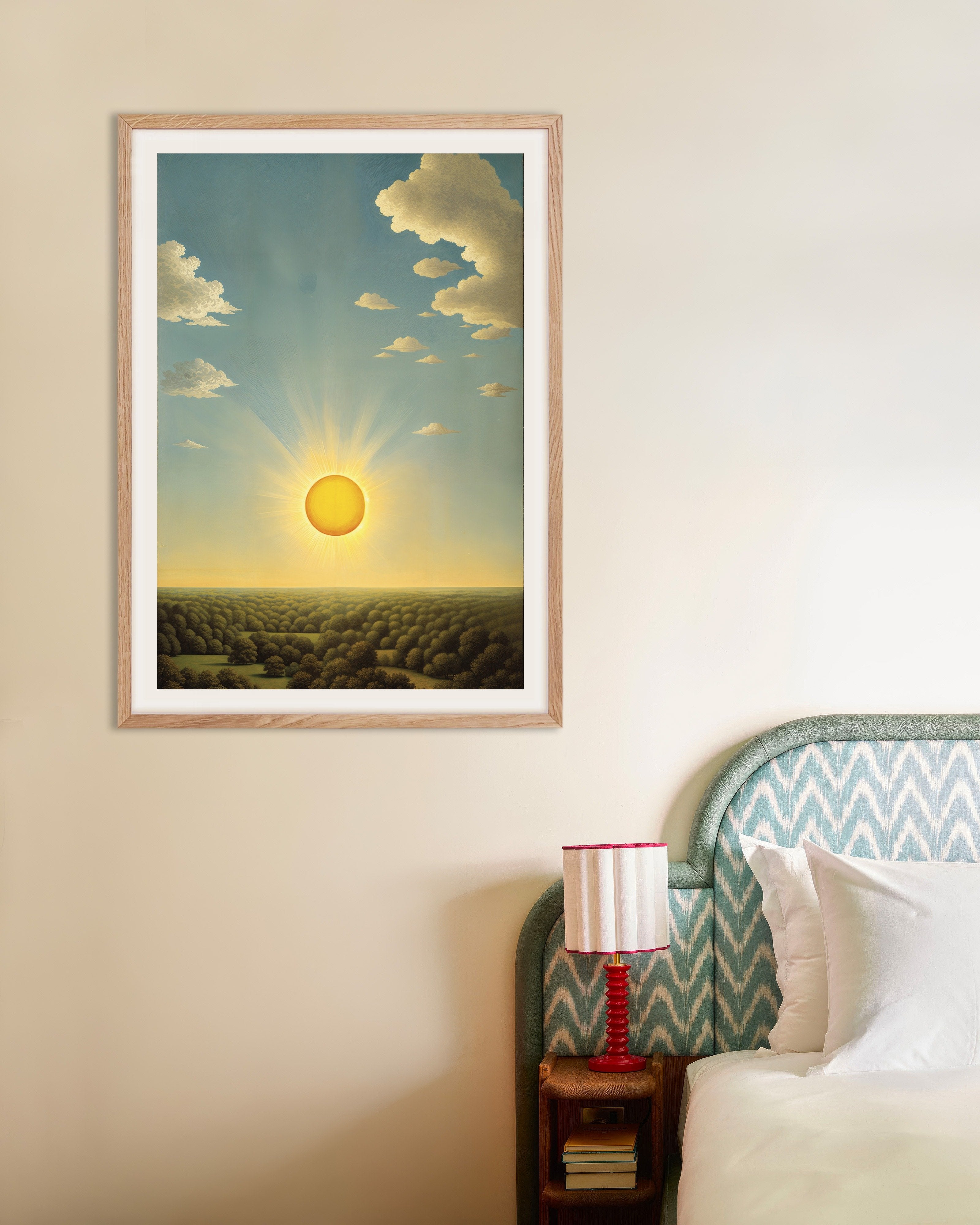 Poster of Le Grand Soleil - Surreal Sun Over the Canopy, with natural wooden frame