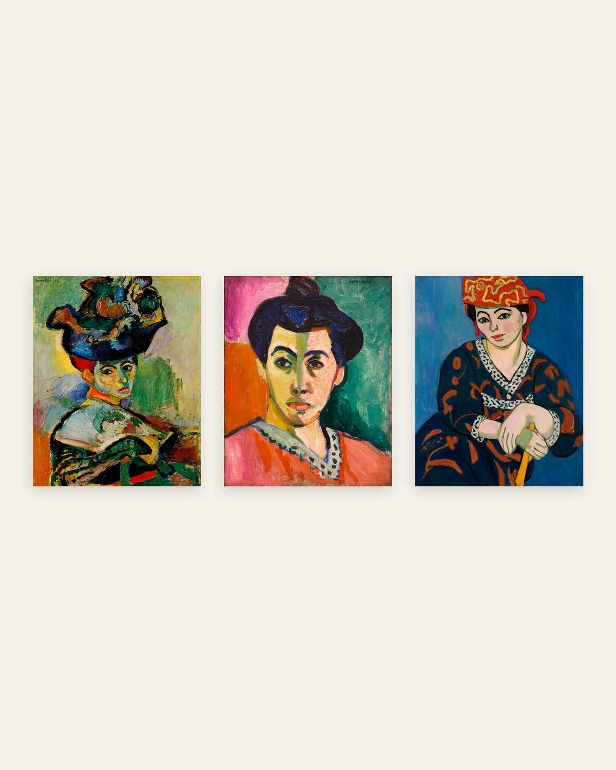 Plakaty Matisse’a, zestaw 3 portretów fowistycznych: Kobieta w kapeluszu, Madame Matisse i Czerwony turban madras, bez ramy