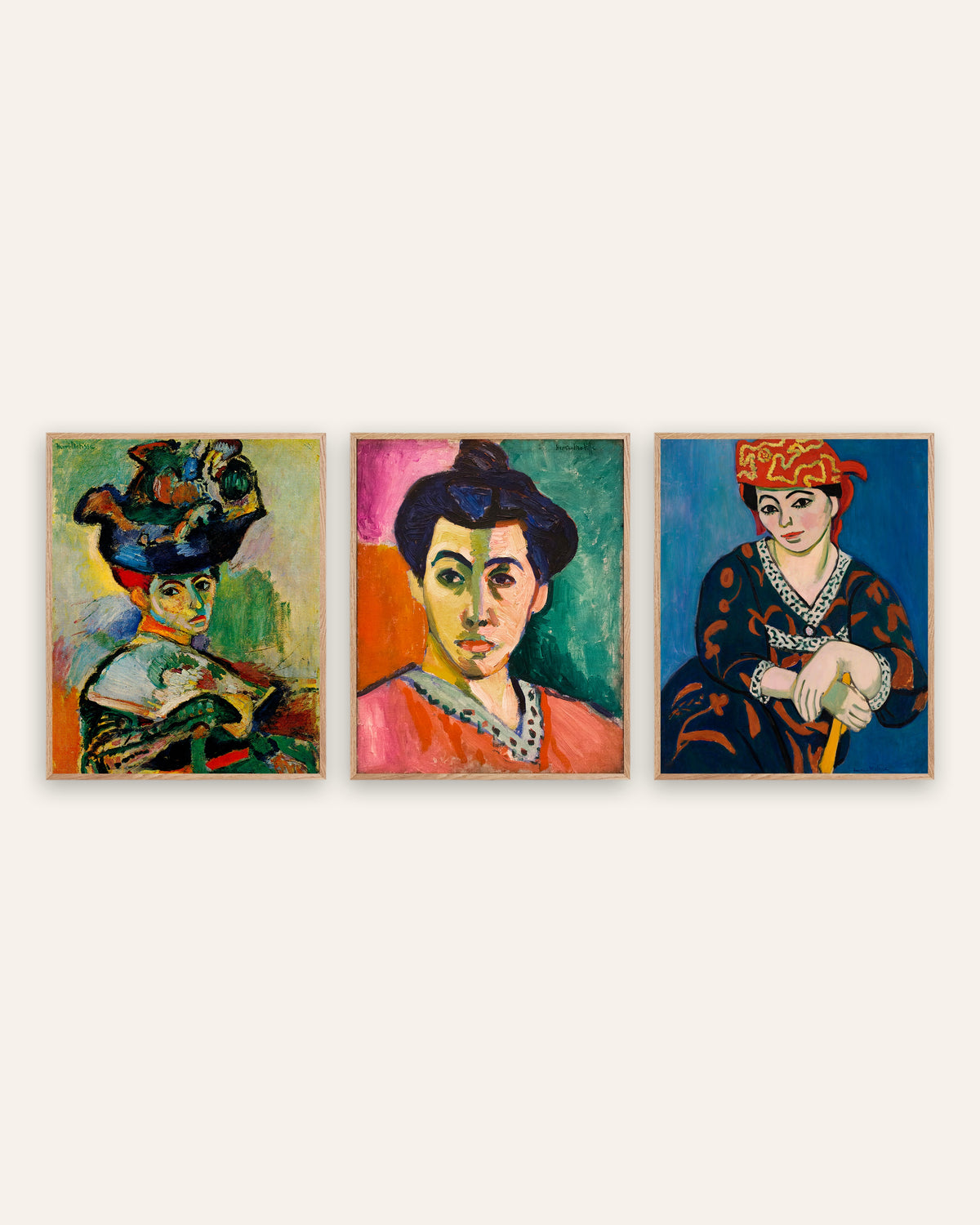 Plakaty Matisse’a, zestaw 3 portretów fowistycznych: Kobieta w kapeluszu, Madame Matisse i Czerwony turban madras, w ramach z naturalnego dębu