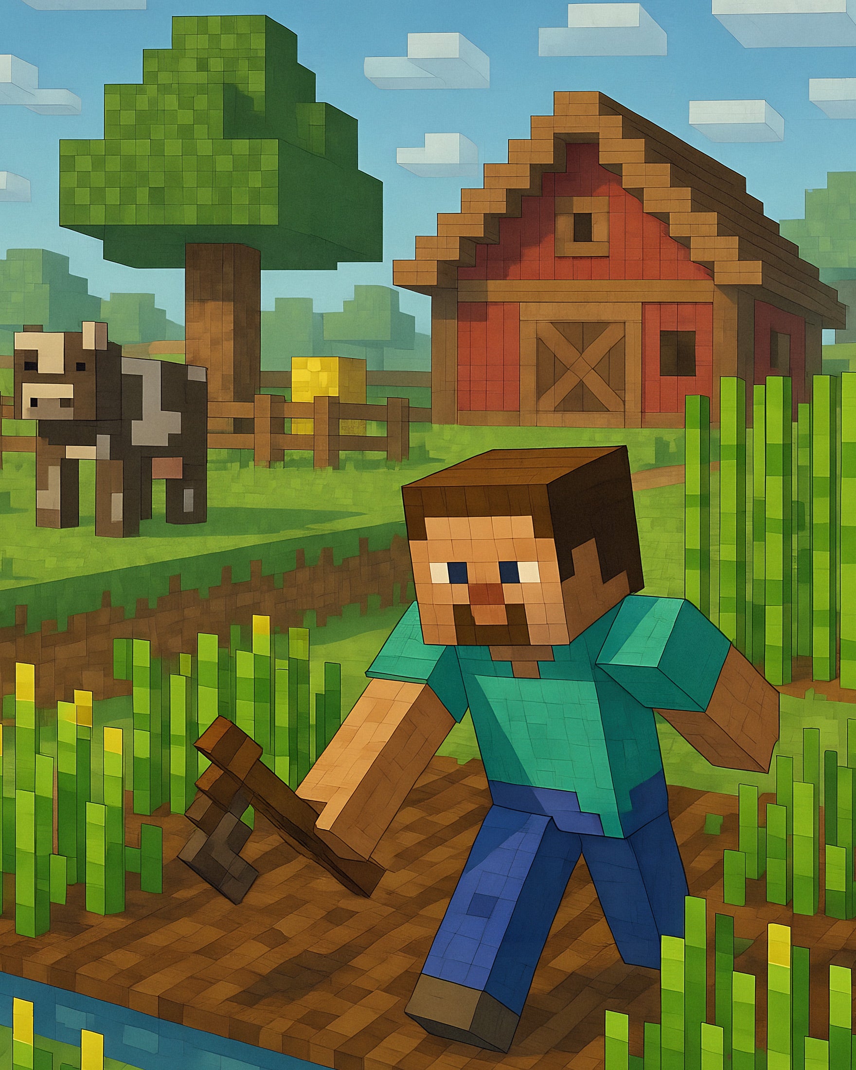 Scena farmy Minecraft – pola, stodoła i uprawy plakat