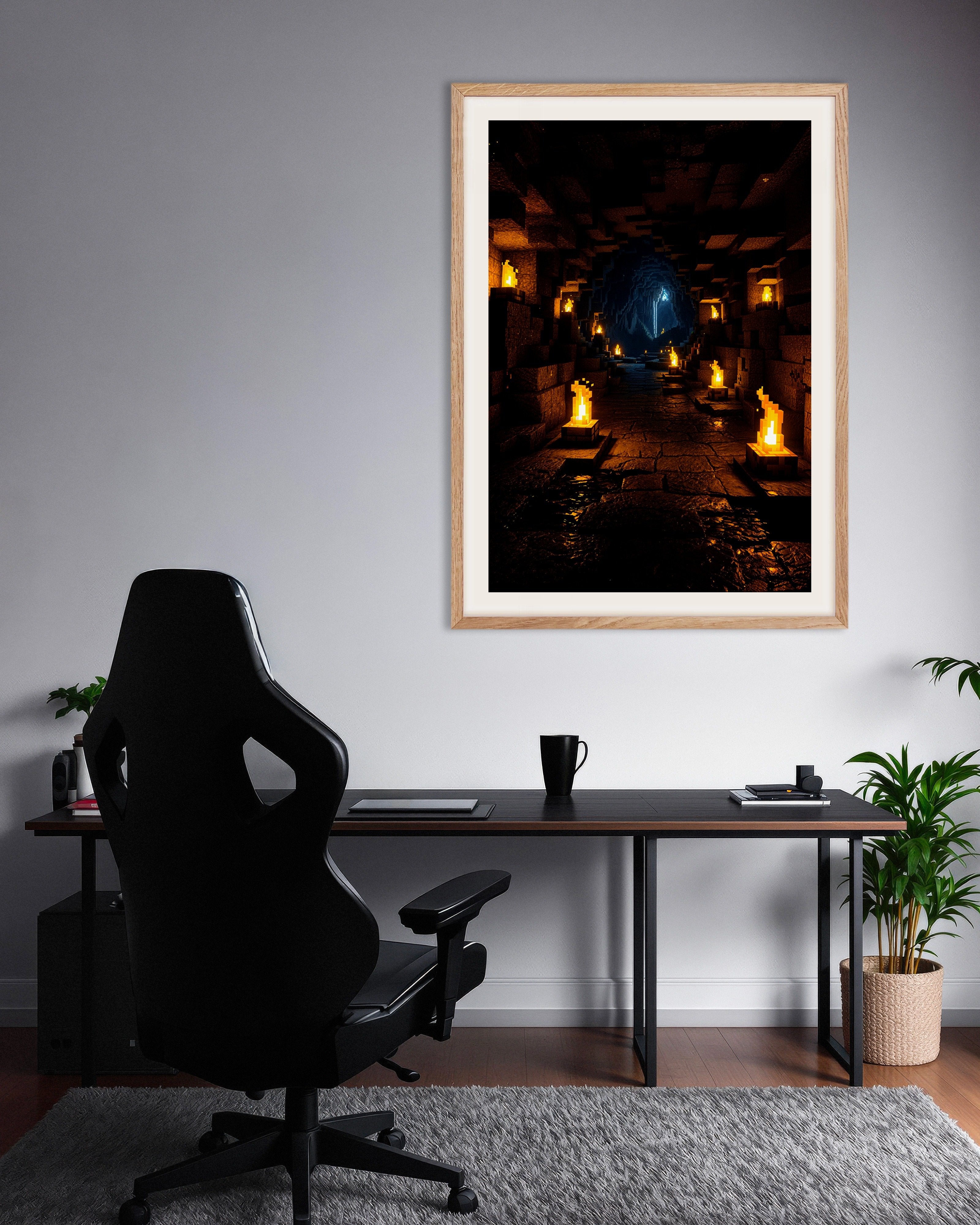 Poster of Minecraft, mysterious cave - Poster, with natural wooden frame