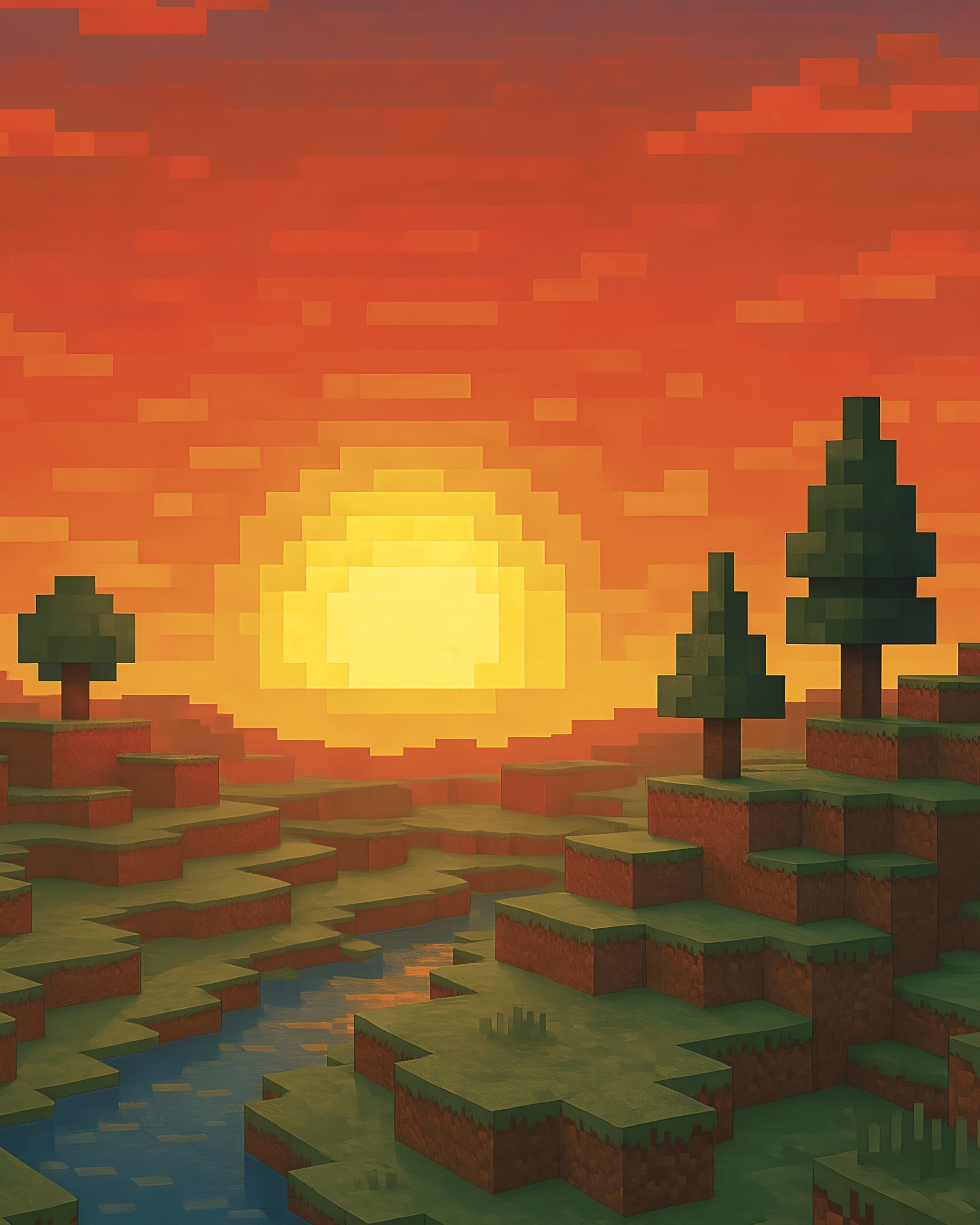 Minecraft Sunset – plakat dla fanów pixel artu z rzeką i drzewami