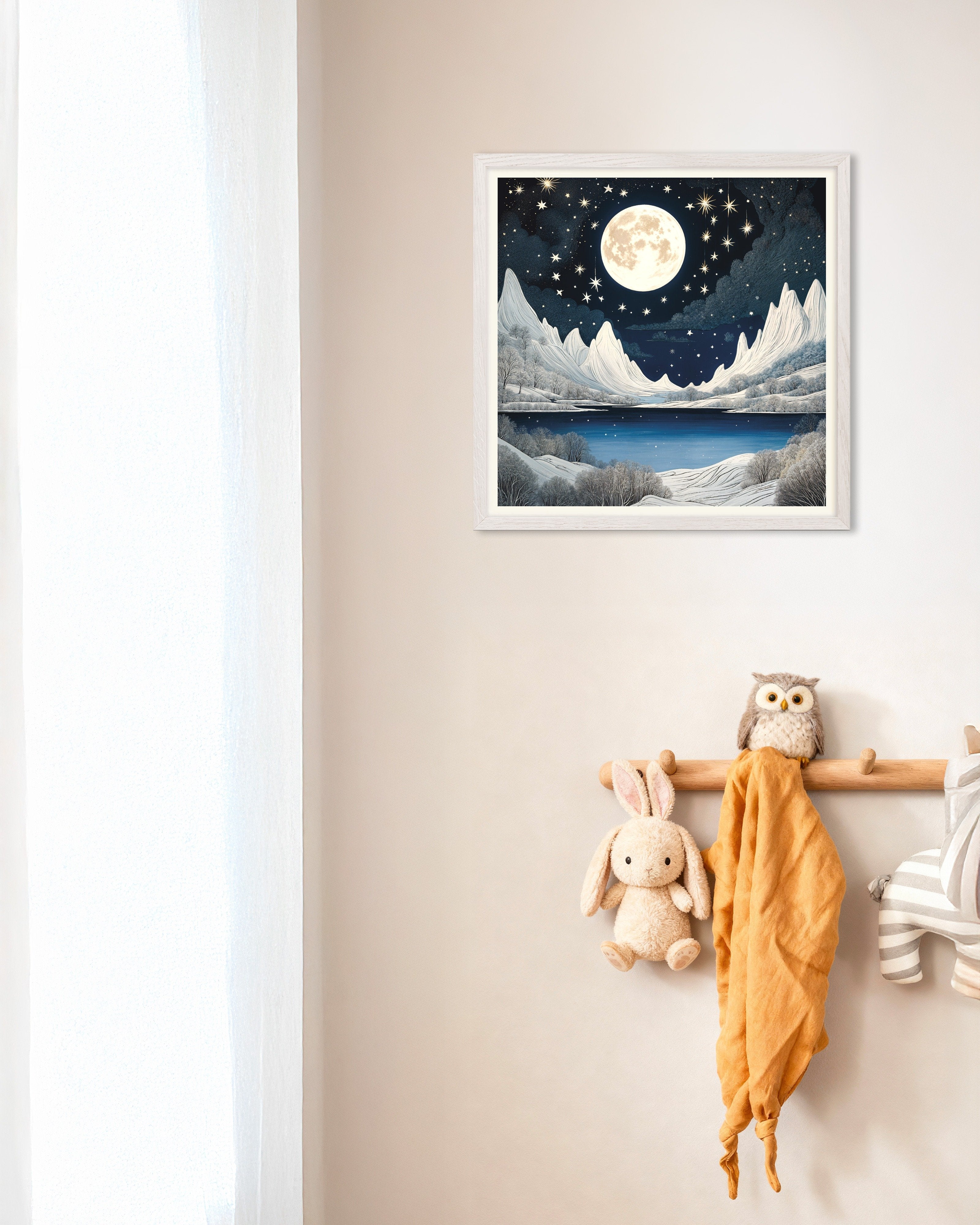 Poster of Moomin inspired winter landscape print, with white wooden frame