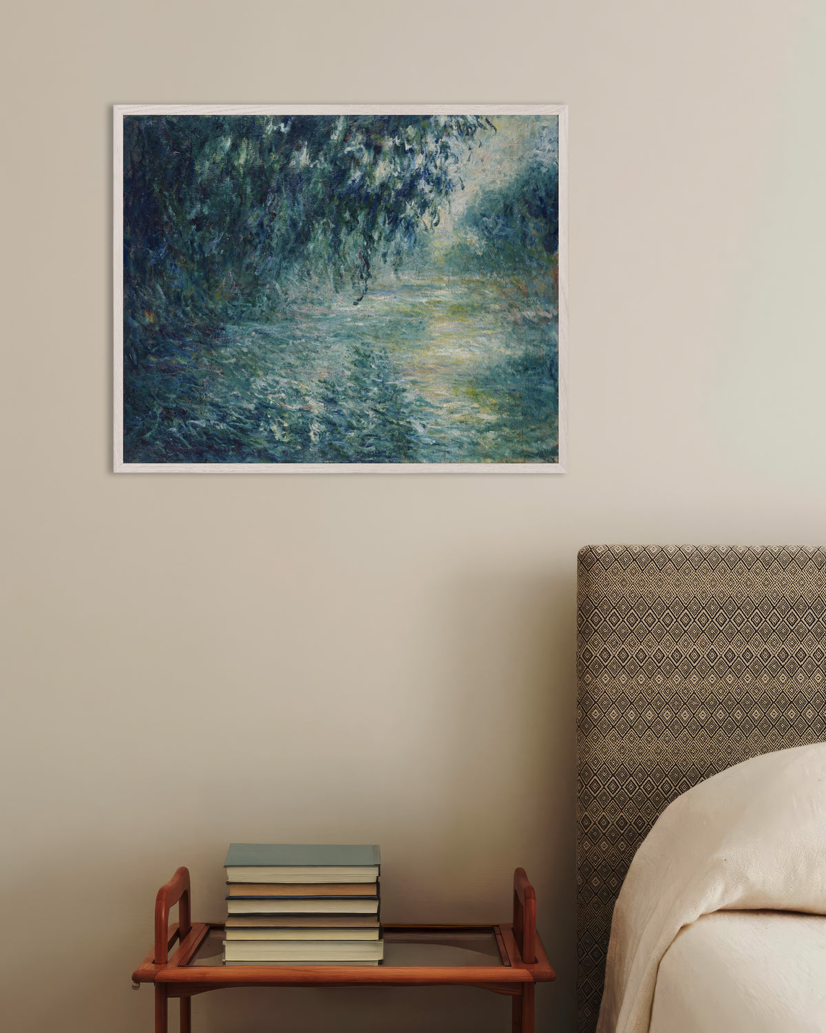 Plakat Poranek nad Sekwaną (1898), Claude Monet, w białej drewnianej ramie