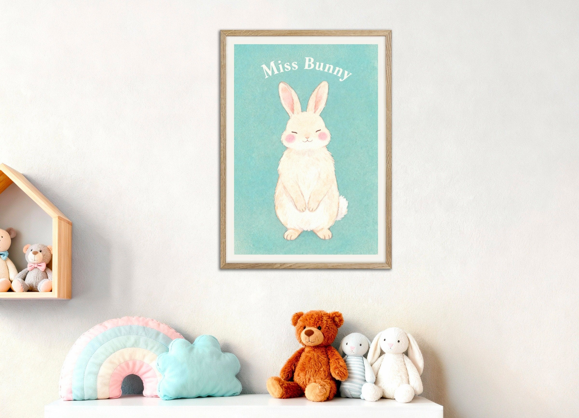 Poster of Nursery bunny wall art – Miss Bunny, sweet watercolor, with natural wooden frame