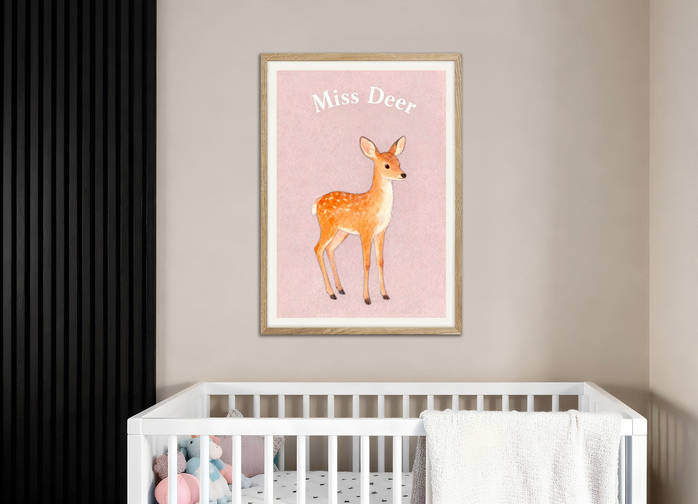 Poster of Nursery deer wall art – Gentle woodland poster, with natural wooden frame