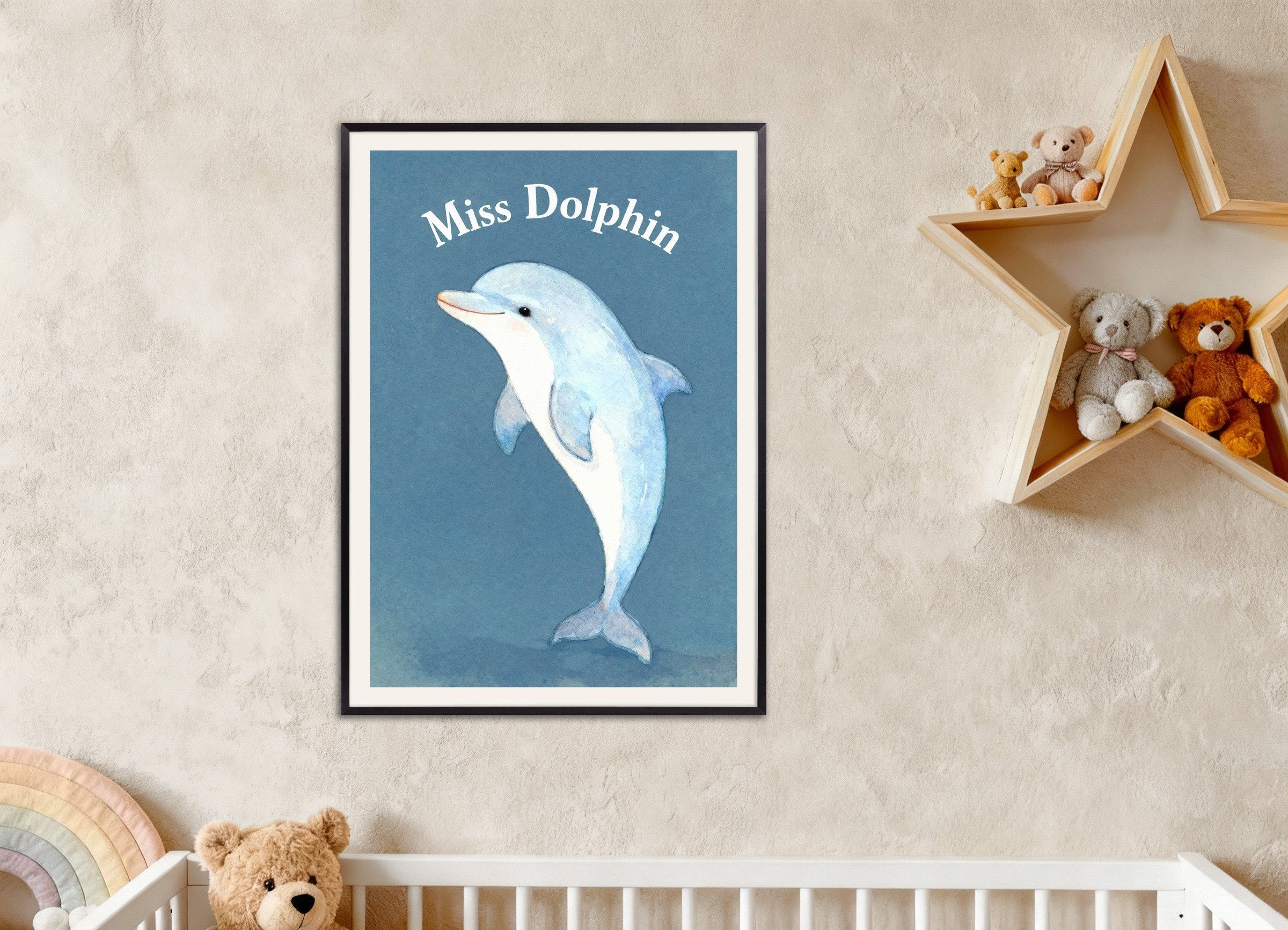 Poster of Nursery dolphin wall art – Playful ocean animal, with metal frame