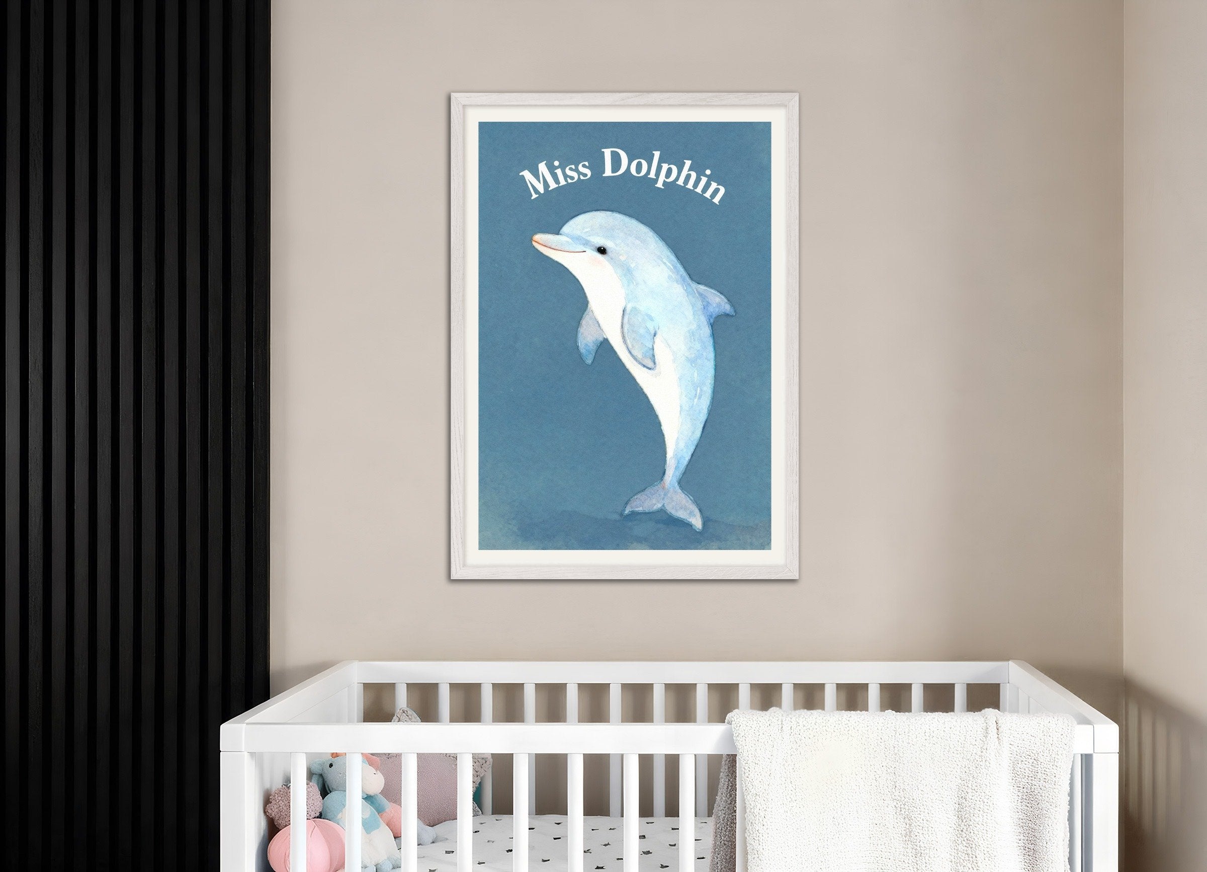 Poster of Nursery dolphin wall art – Playful ocean animal, with white wooden frame