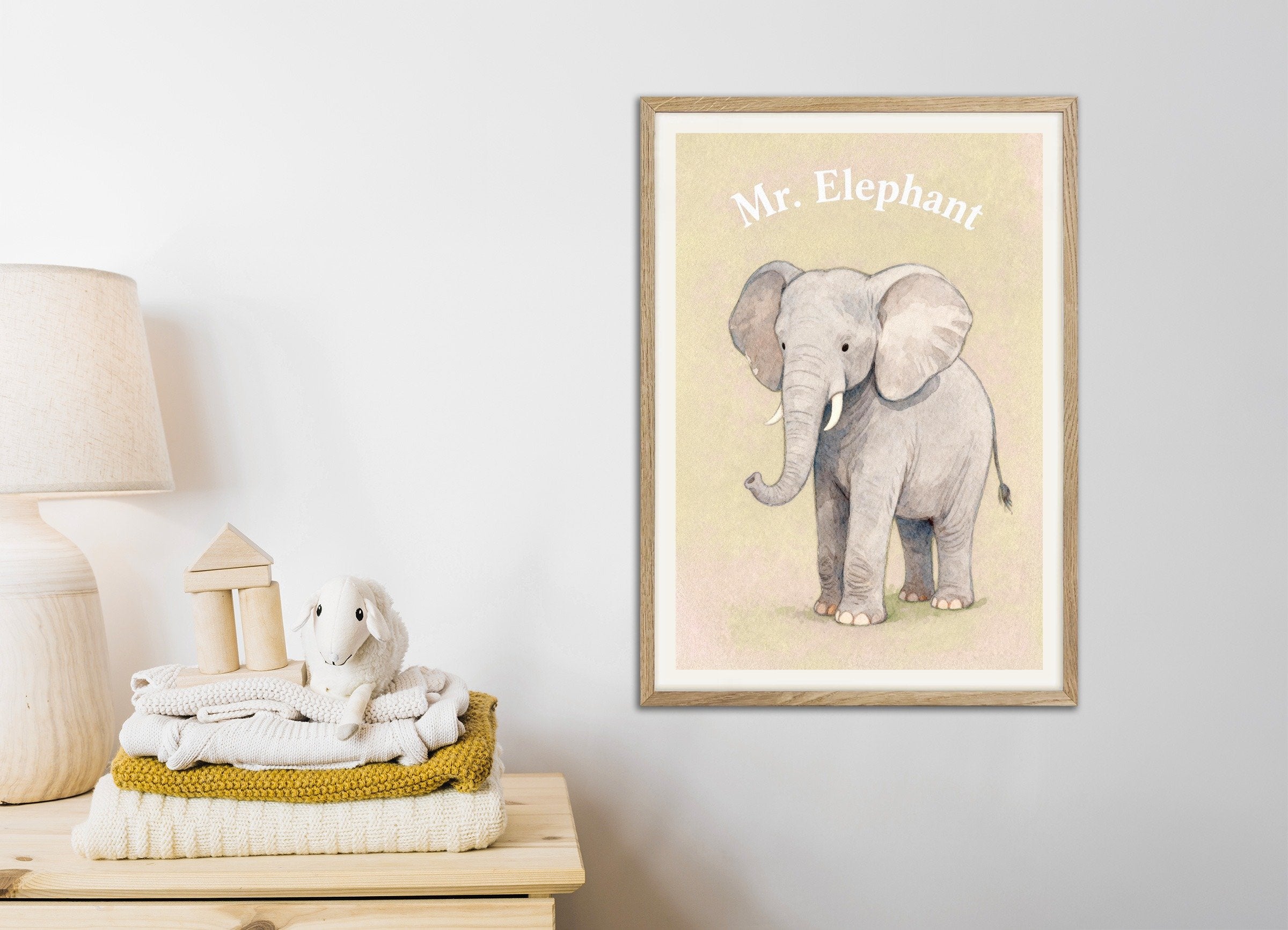 Poster of Nursery elephant wall art – Gentle giant animal, with natural wooden frame
