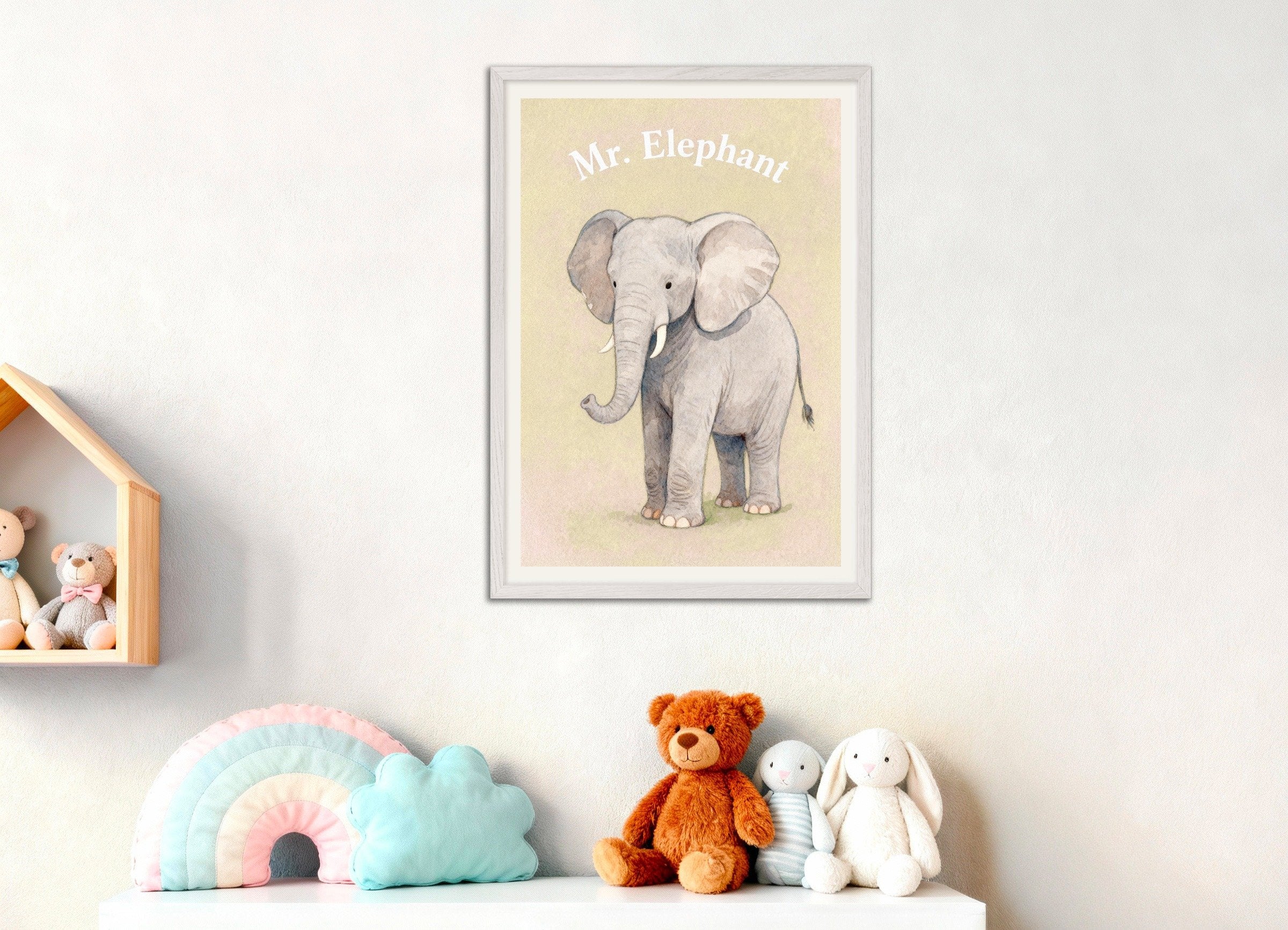 Poster of Nursery elephant wall art – Gentle giant animal, with white wooden frame