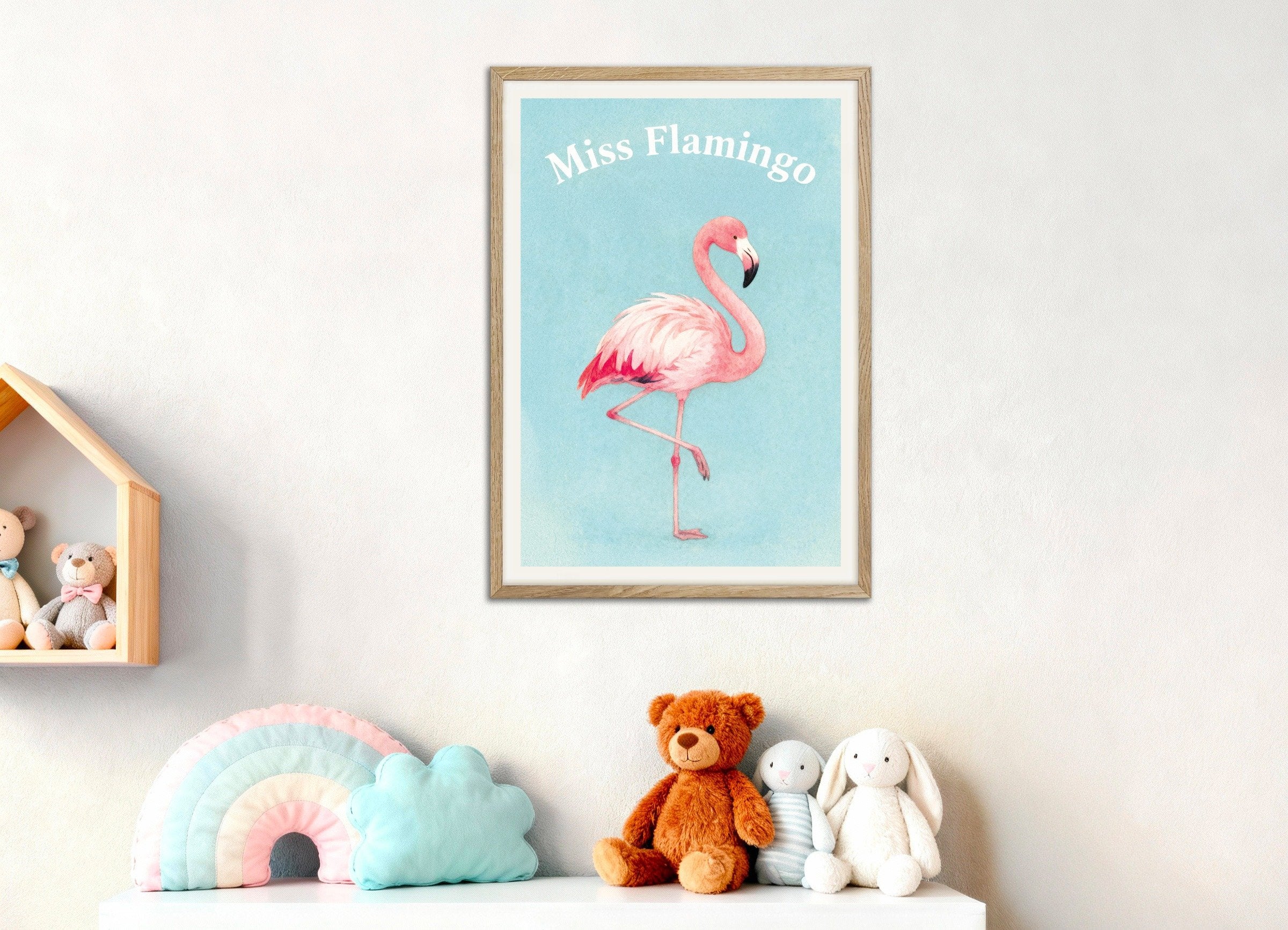 Poster of Nursery flamingo wall art – Watercolor poster, with natural wooden frame