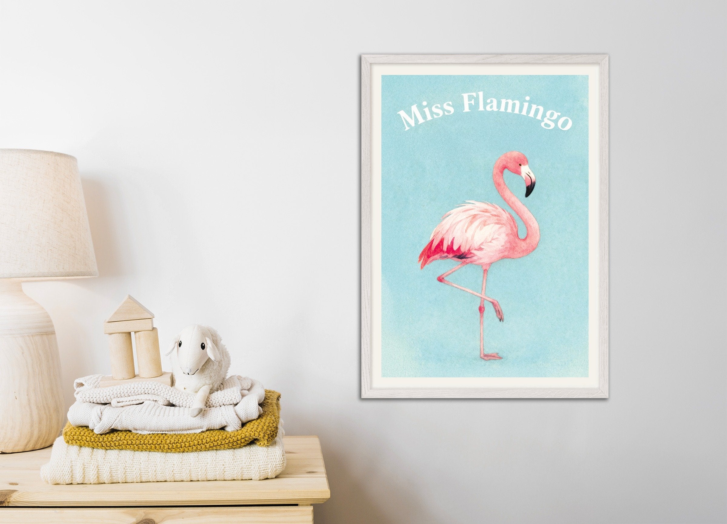 Poster of Nursery flamingo wall art – Watercolor poster, with white wooden frame