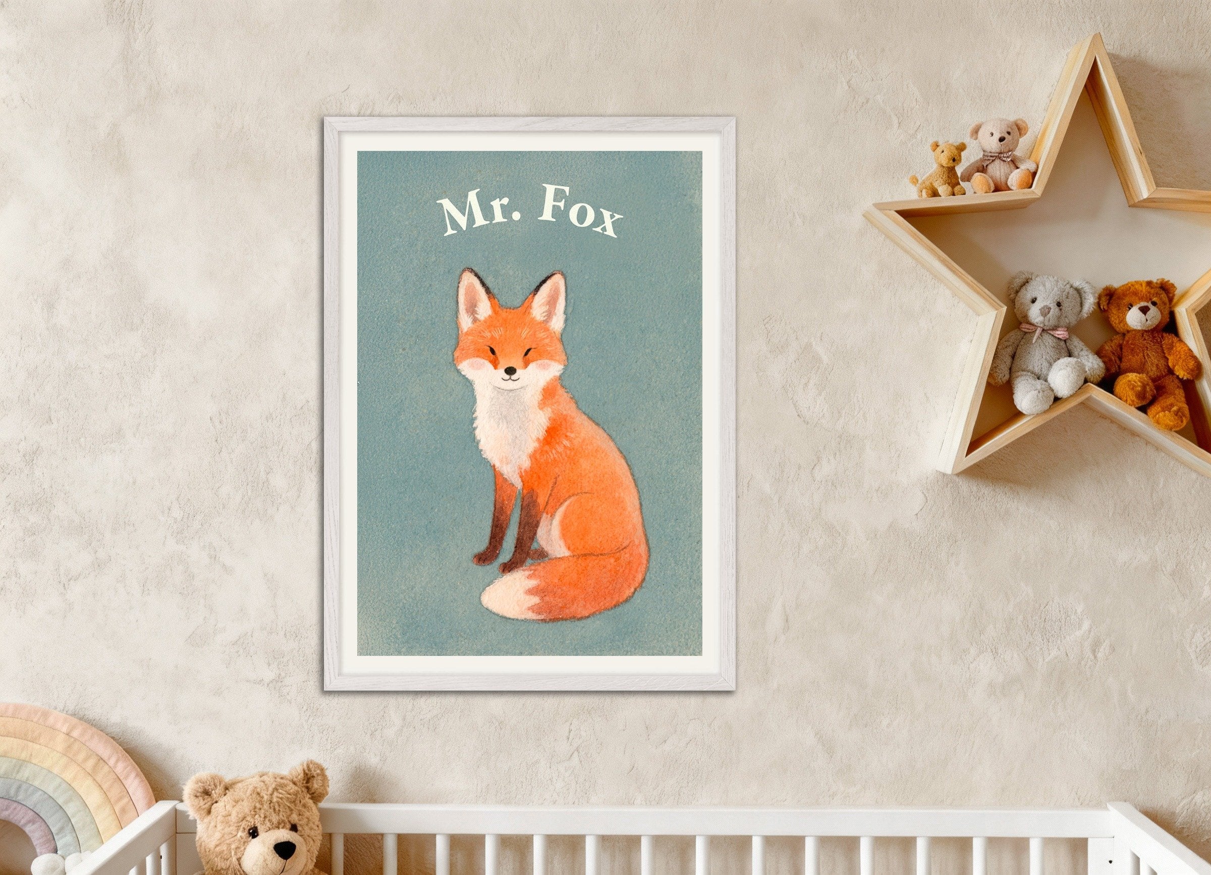 Poster of Nursery fox wall art – Woodland charm watercolor, with white wooden frame