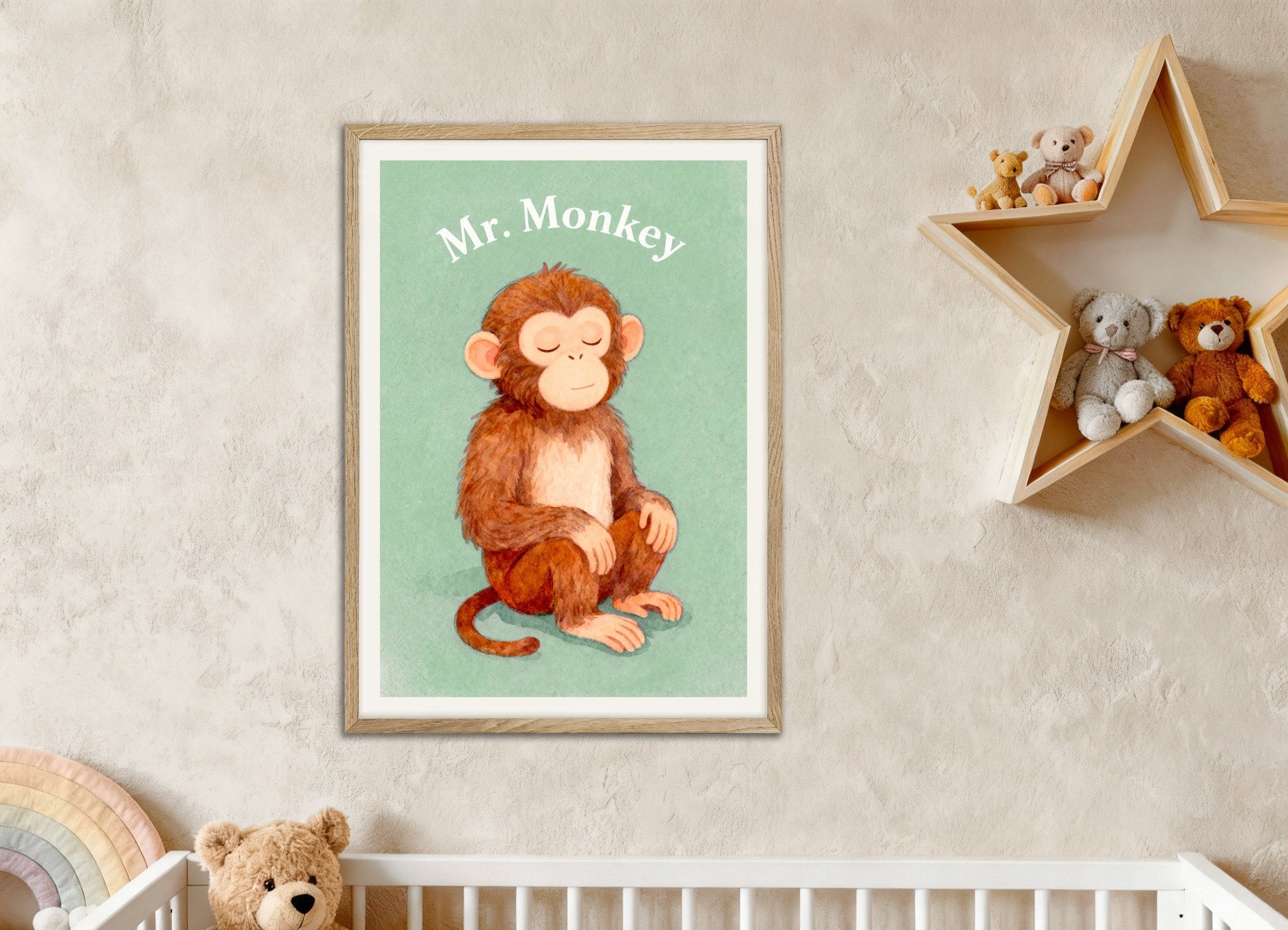 Poster of Nursery monkey wall art – Playful jungle animal, with natural wooden frame