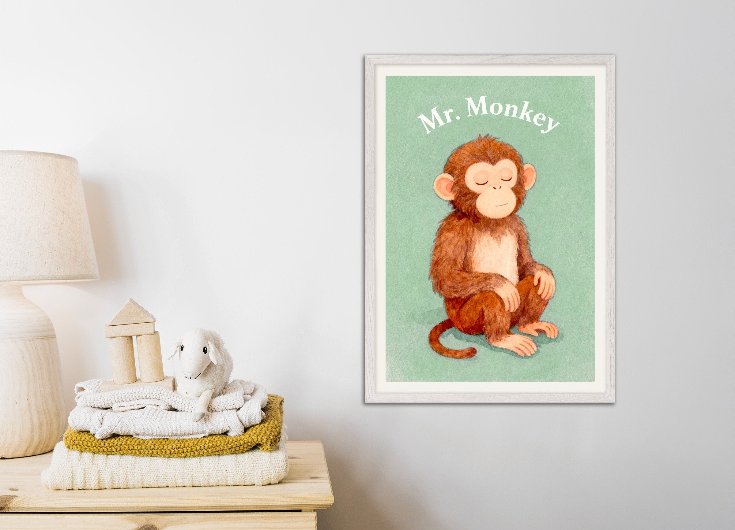 Poster of Nursery monkey wall art – Playful jungle animal, with white wooden frame