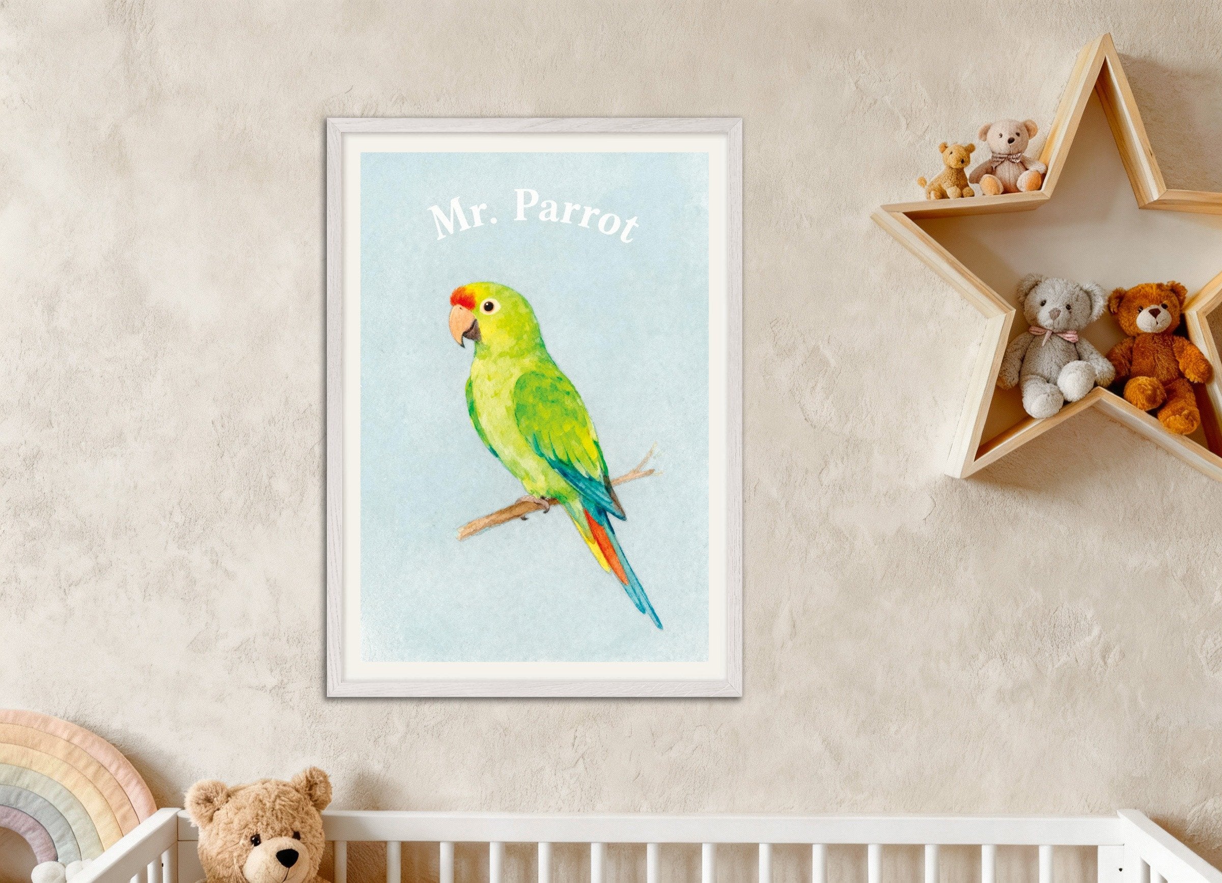 Poster of Nursery parrot wall art – Colorful bird watercolor poster, with white wooden frame