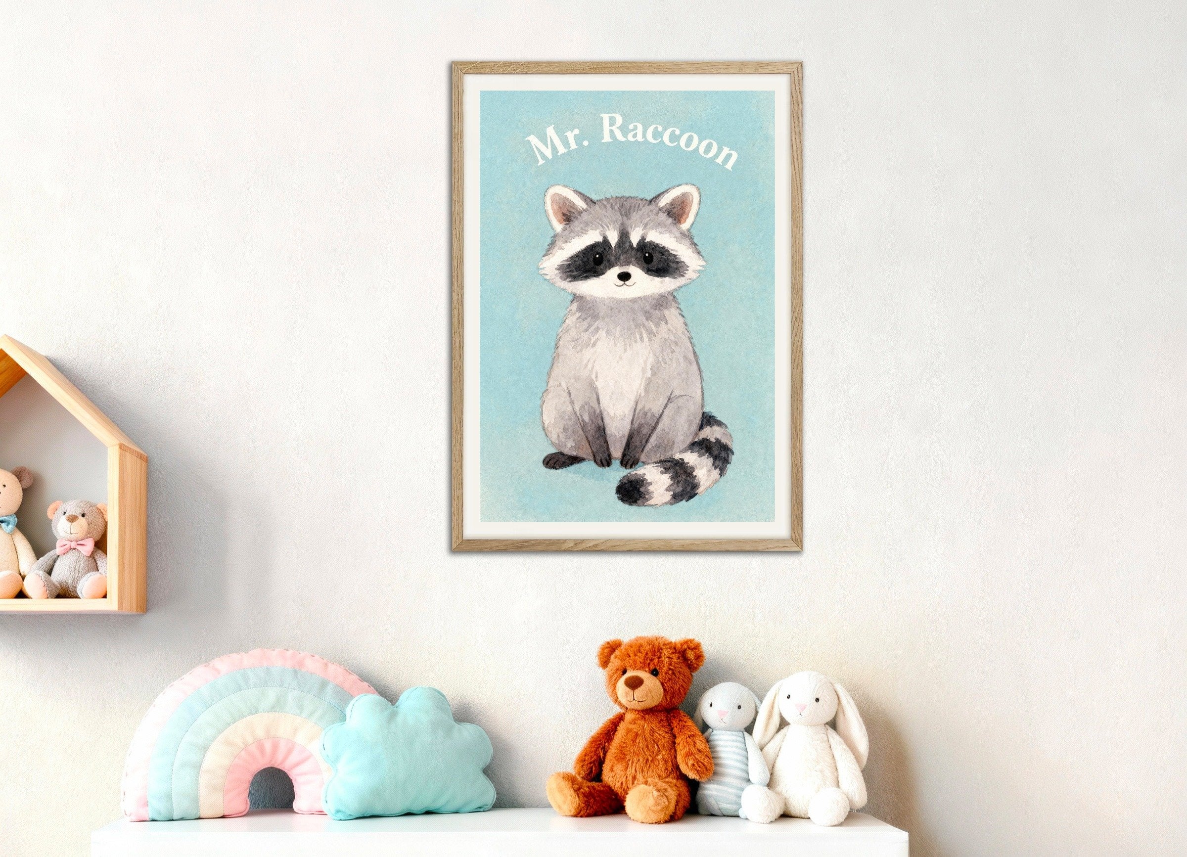 Poster of Nursery raccoon wall art – Adorable woodland friend, with natural wooden frame