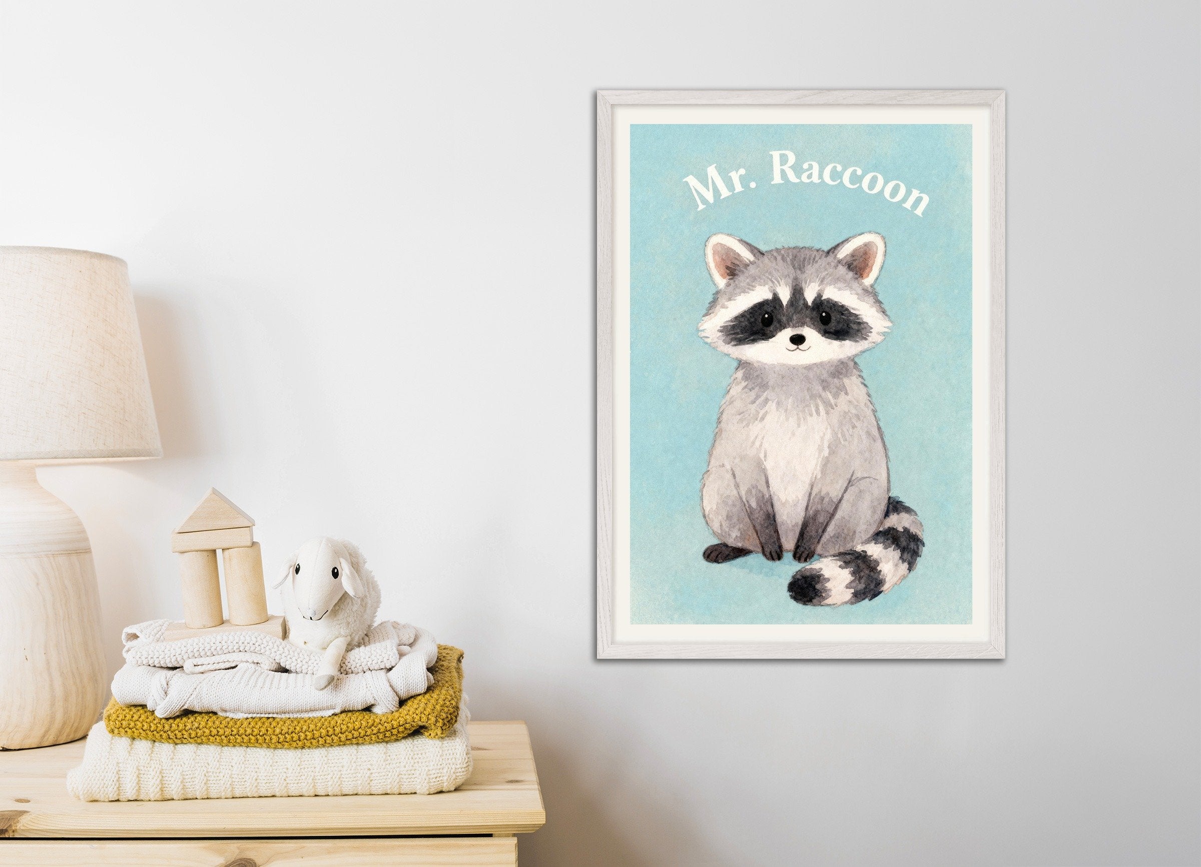 Poster of Nursery raccoon wall art – Adorable woodland friend, with white wooden frame