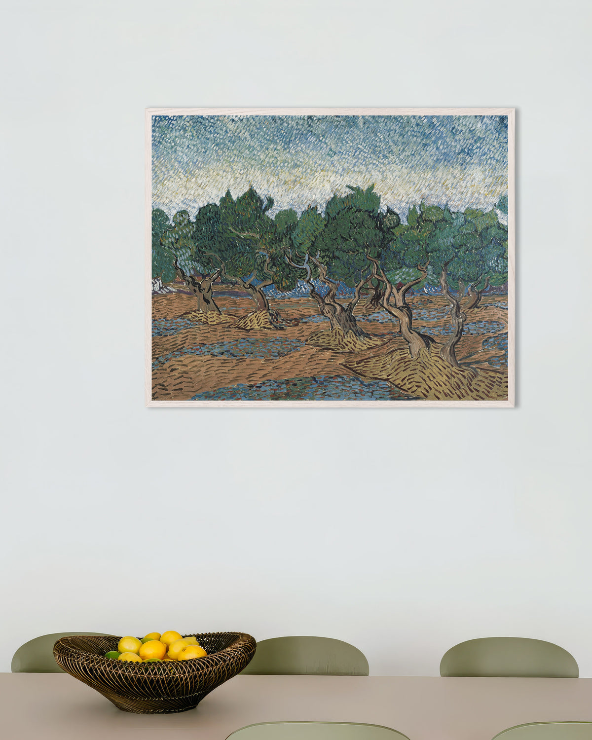 Plakat przedstawiający Gaj oliwny (1889), Vincent van Gogh, w białej drewnianej ramie