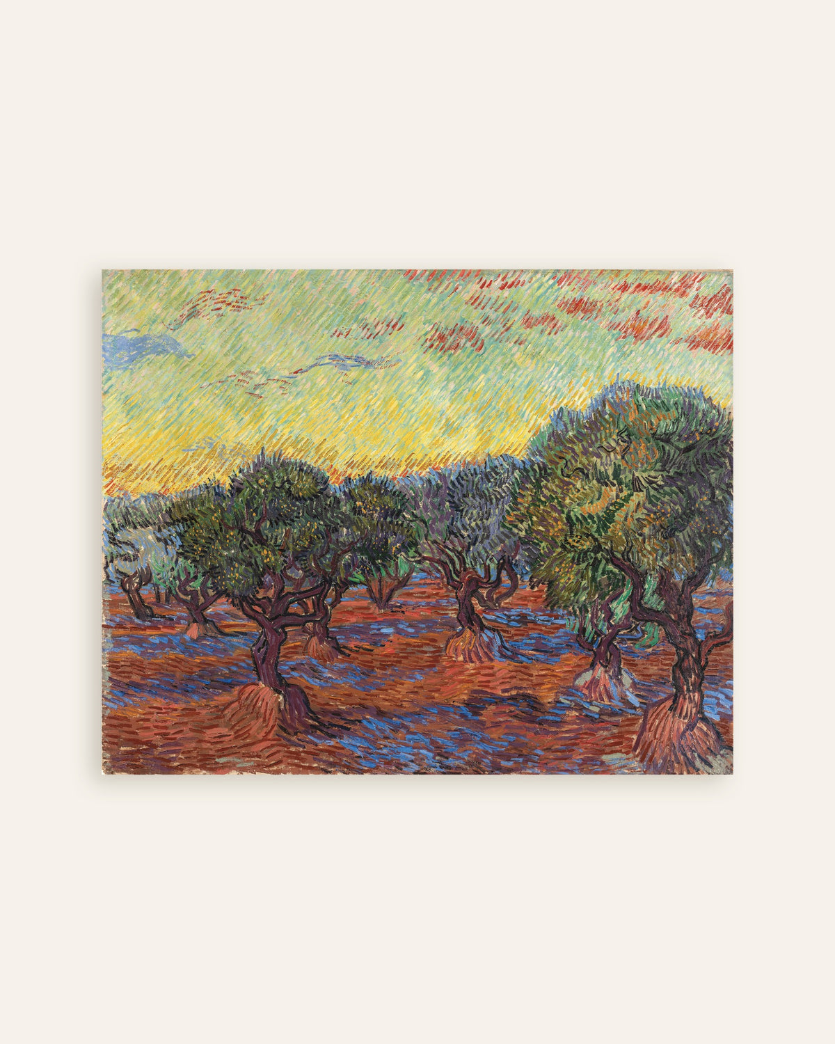 Plakat z dziełem „Gaj oliwny pod pomarańczowym niebem (1889) Vincenta van Gogha”, miniatura