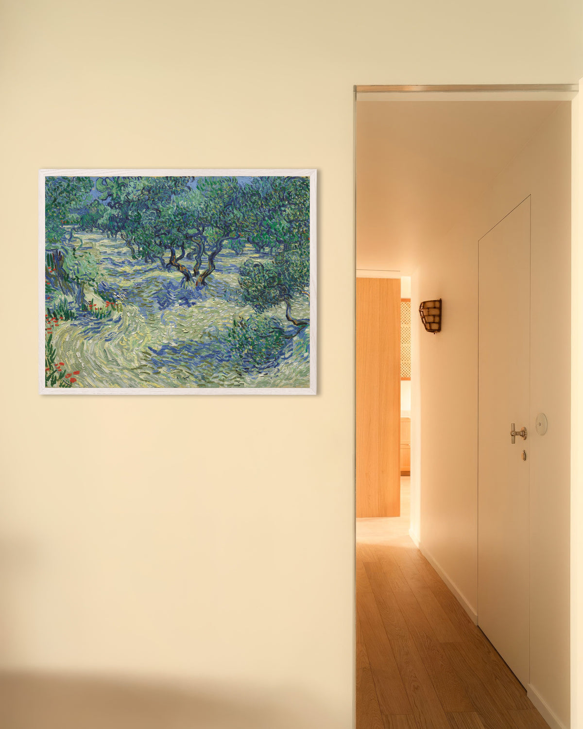 Plakat „Oliwny gaj (1889), Vincent van Gogh” w białej drewnianej ramie