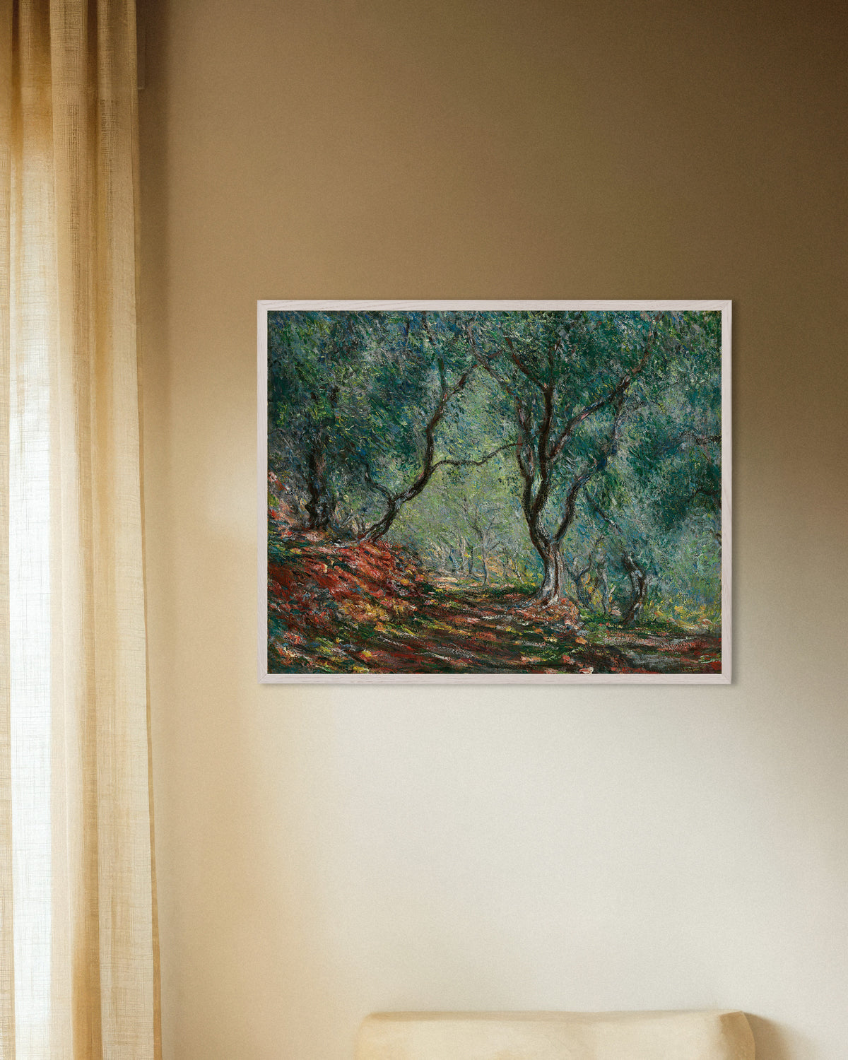 Plakat Gaj oliwny w ogrodzie Moreno (1884), Claude Monet, w białej drewnianej ramie
