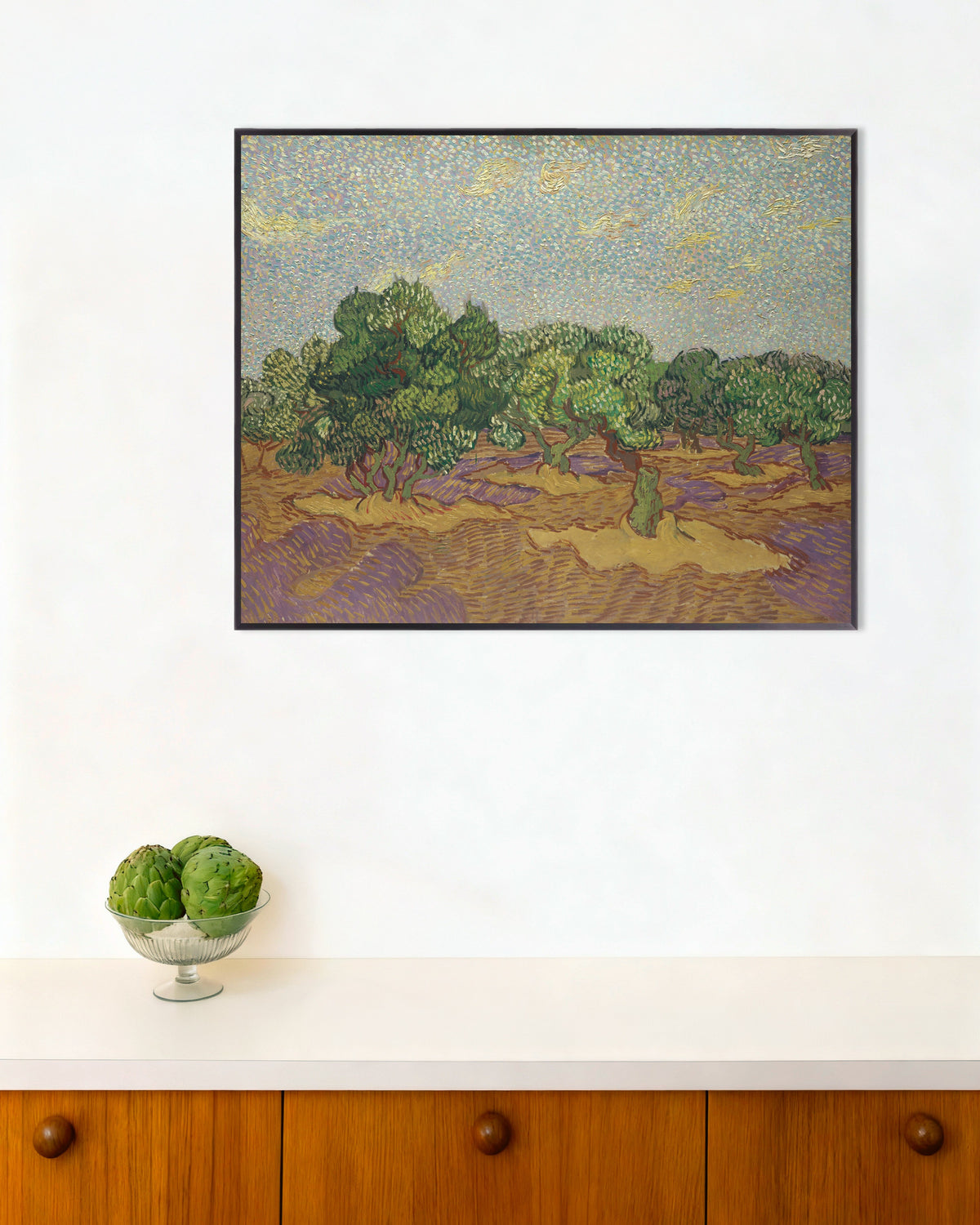 Plakat „Drzewa oliwne pod bladym niebem (1889), Vincent van Gogh” w metalowej ramie