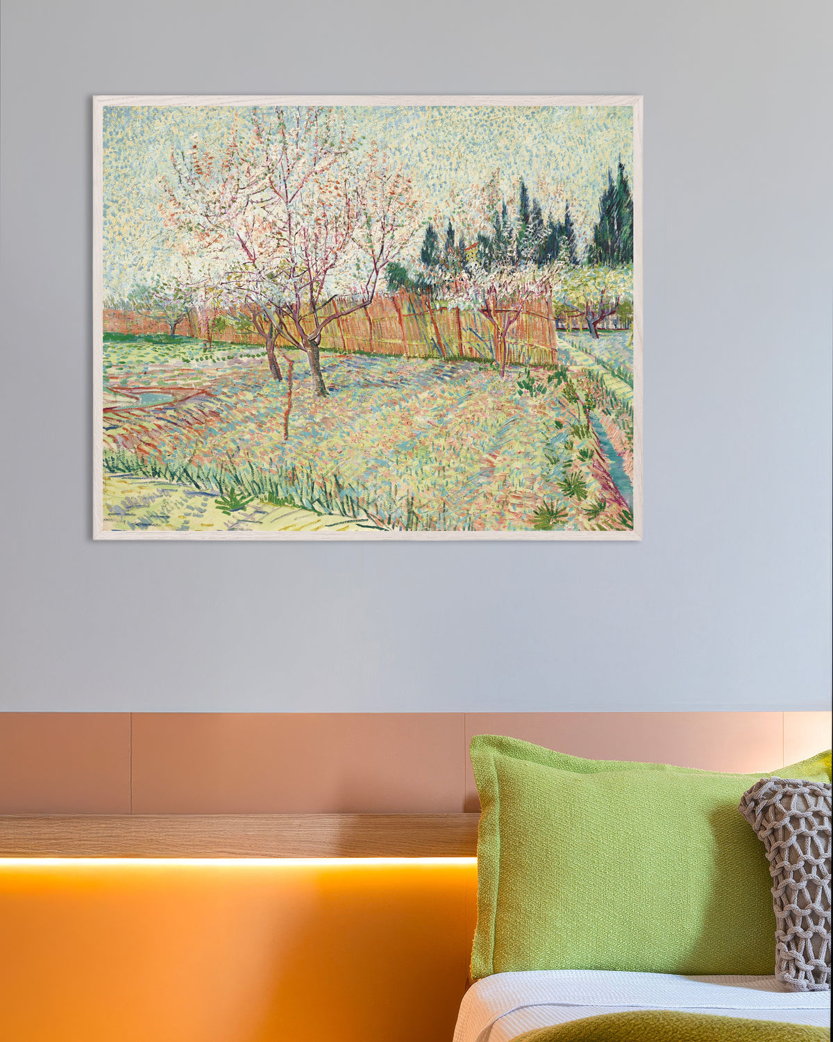 Plakat „Sad otoczony cyprysami (1888), Vincent van Gogh” w białej drewnianej ramie