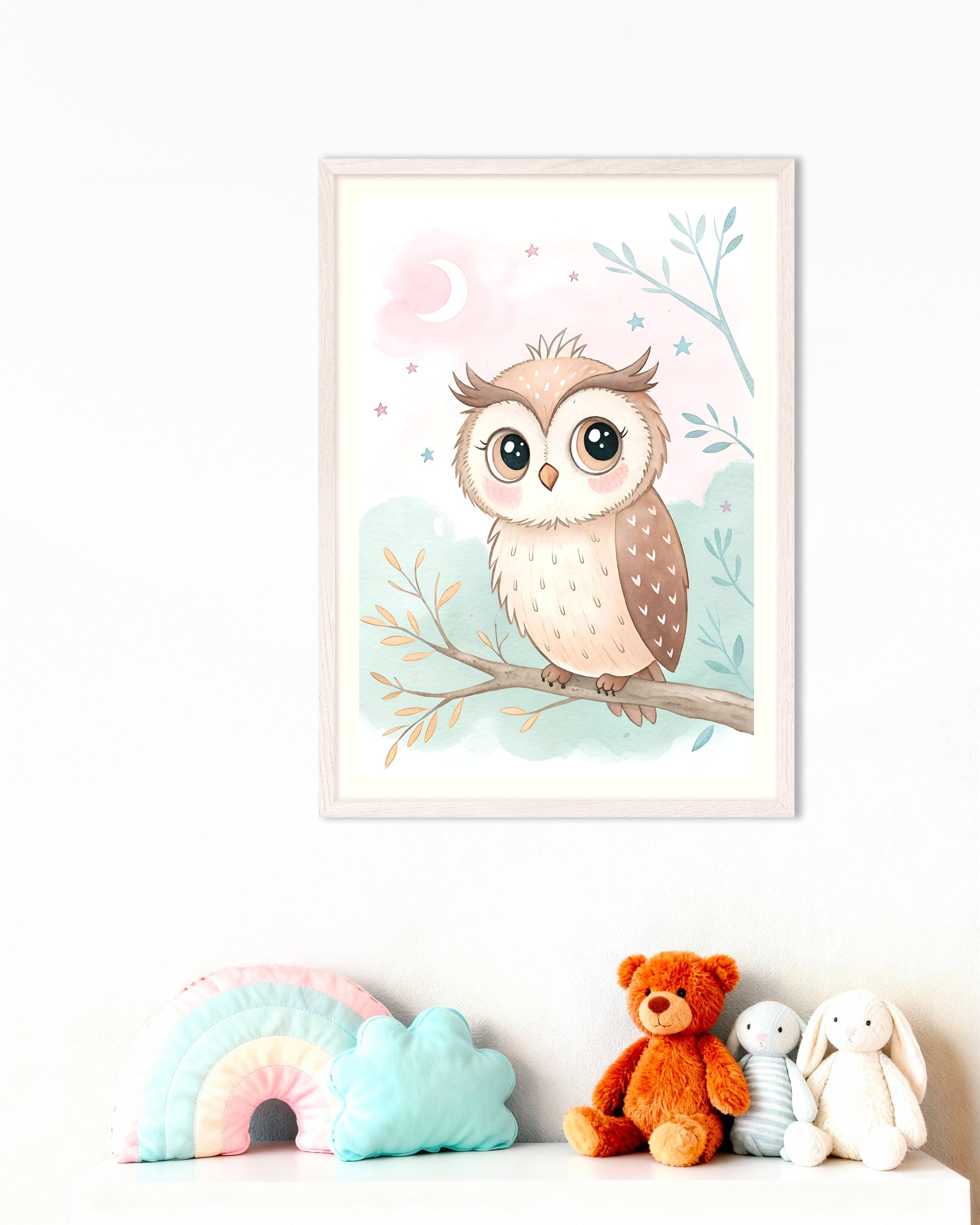 Poster of Owl Poster – Nursery Wall Art, with white wooden frame