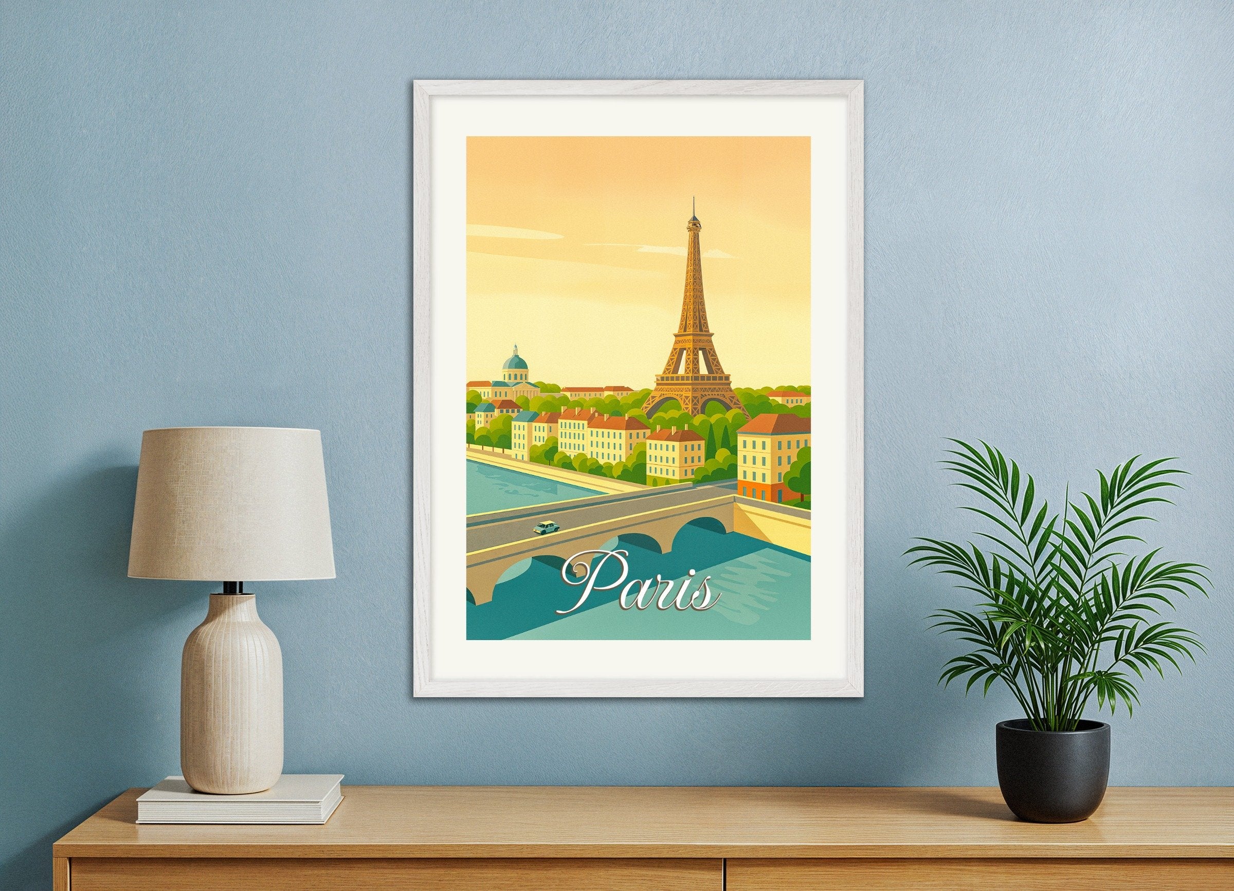 Poster of Paris – Retro style Illustration of the Eiffel Tower, with white wooden frame