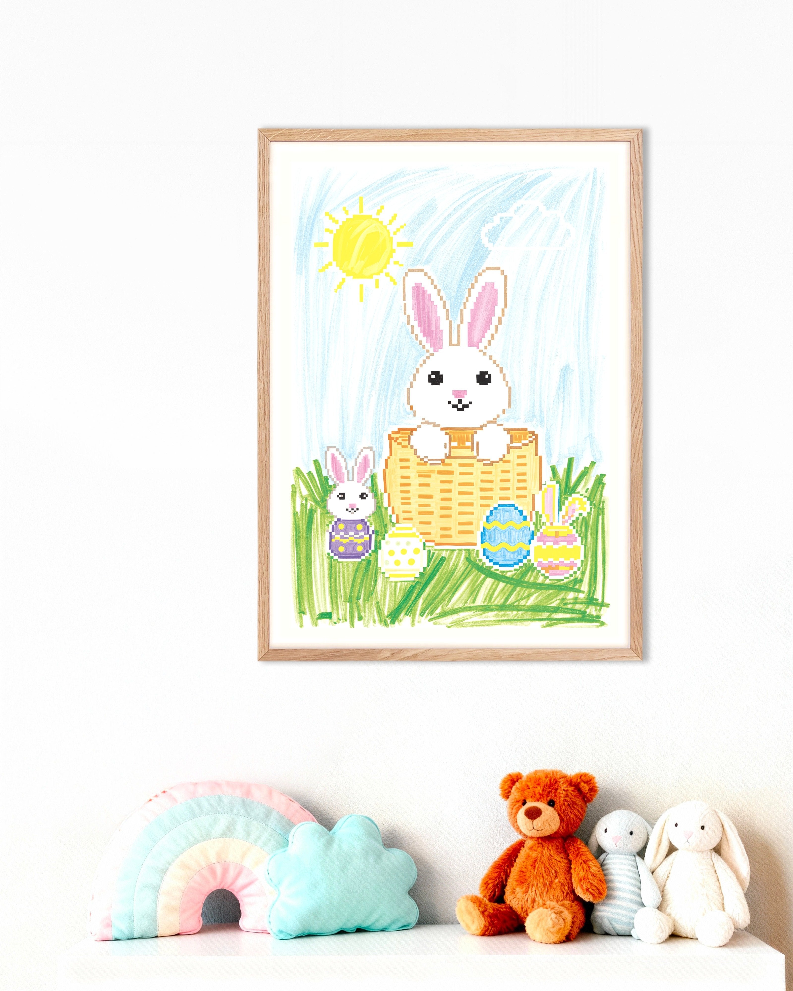 Poster of Pixel Bunny Basket – Easter Eggs & Sunshine, with natural wooden frame