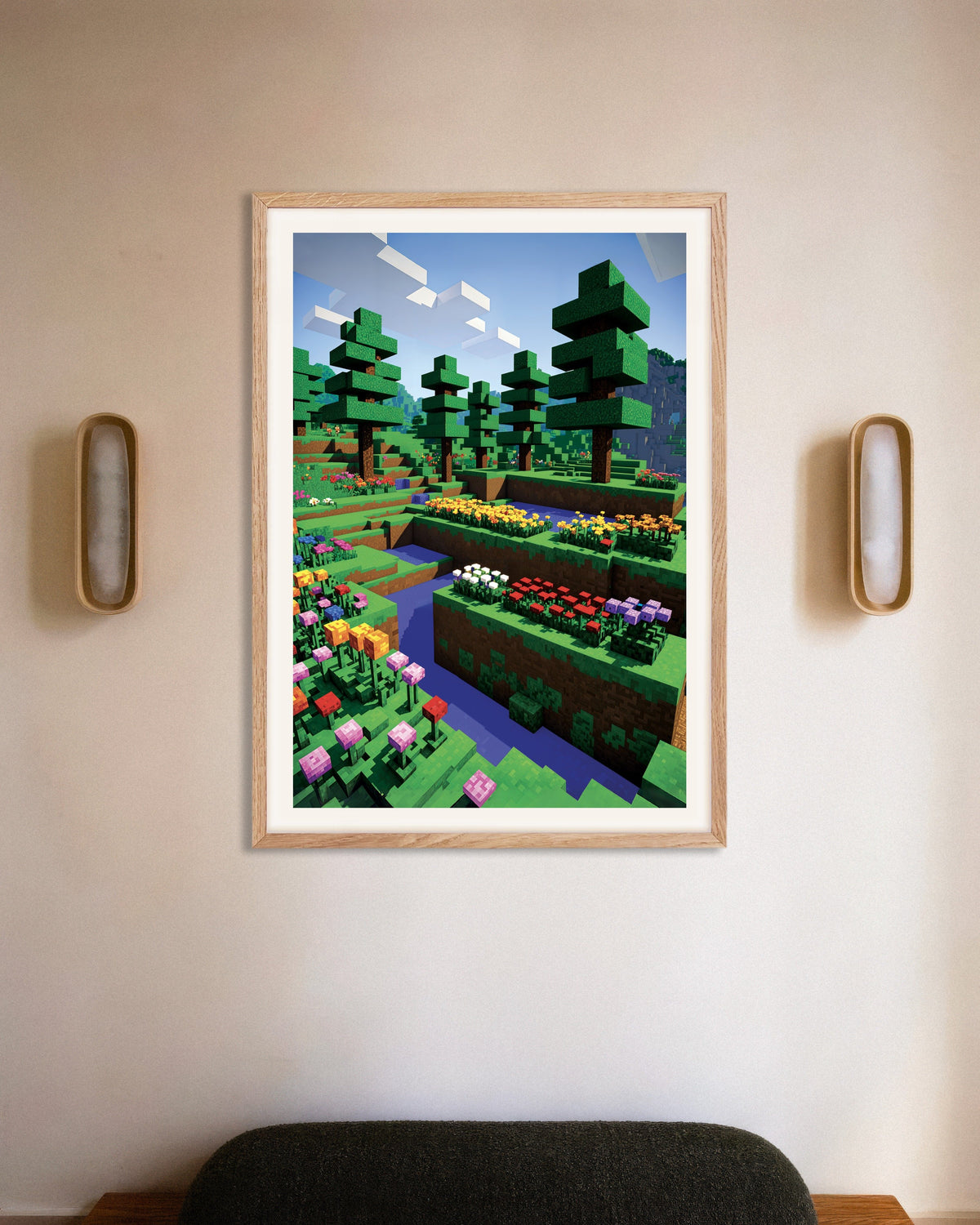 Plakat „Pikselowe kwiaty” w ramie z naturalnego drewna