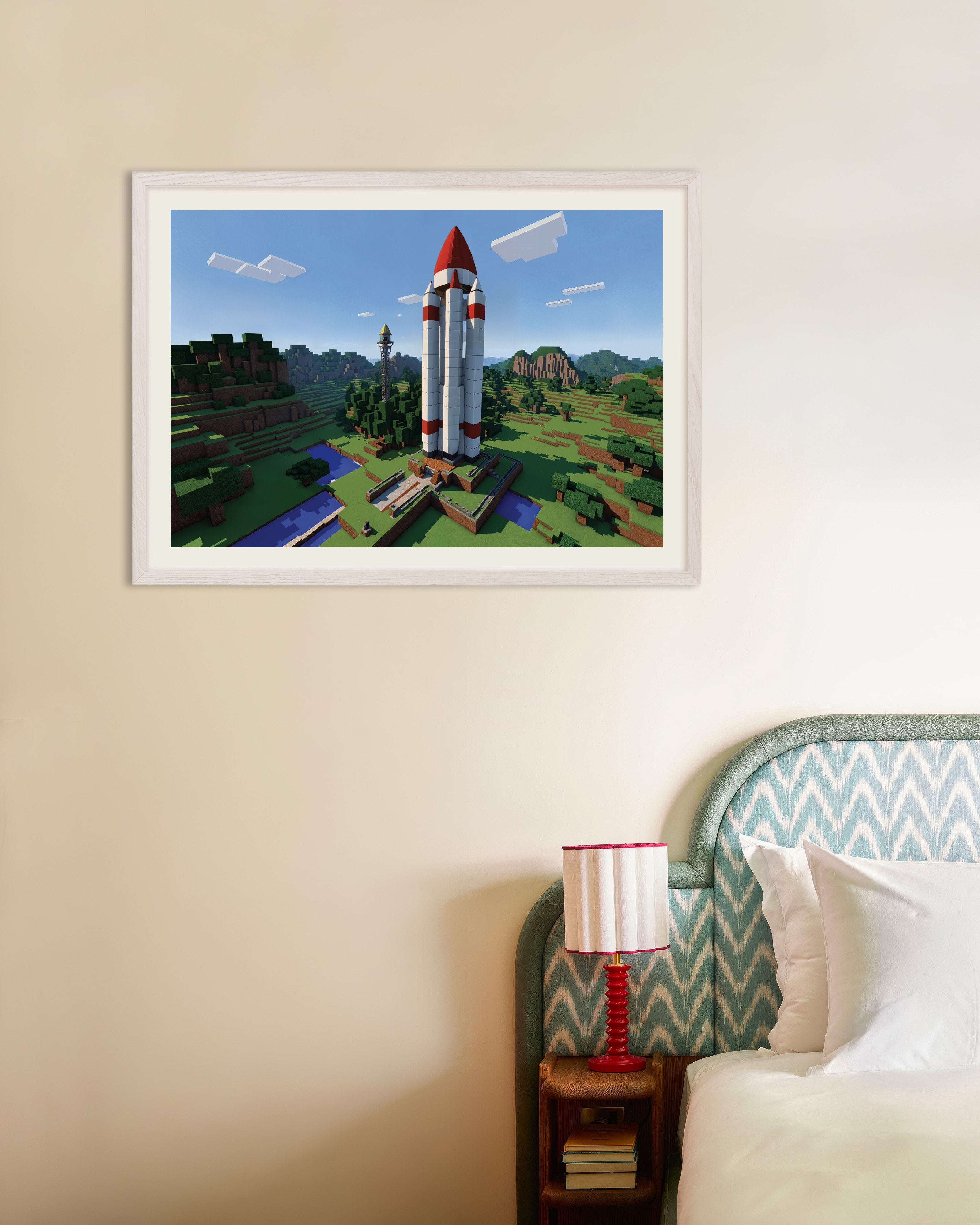 Poster of Pixel Space Rocket – Cosmic Adventure Poster, with white wooden frame