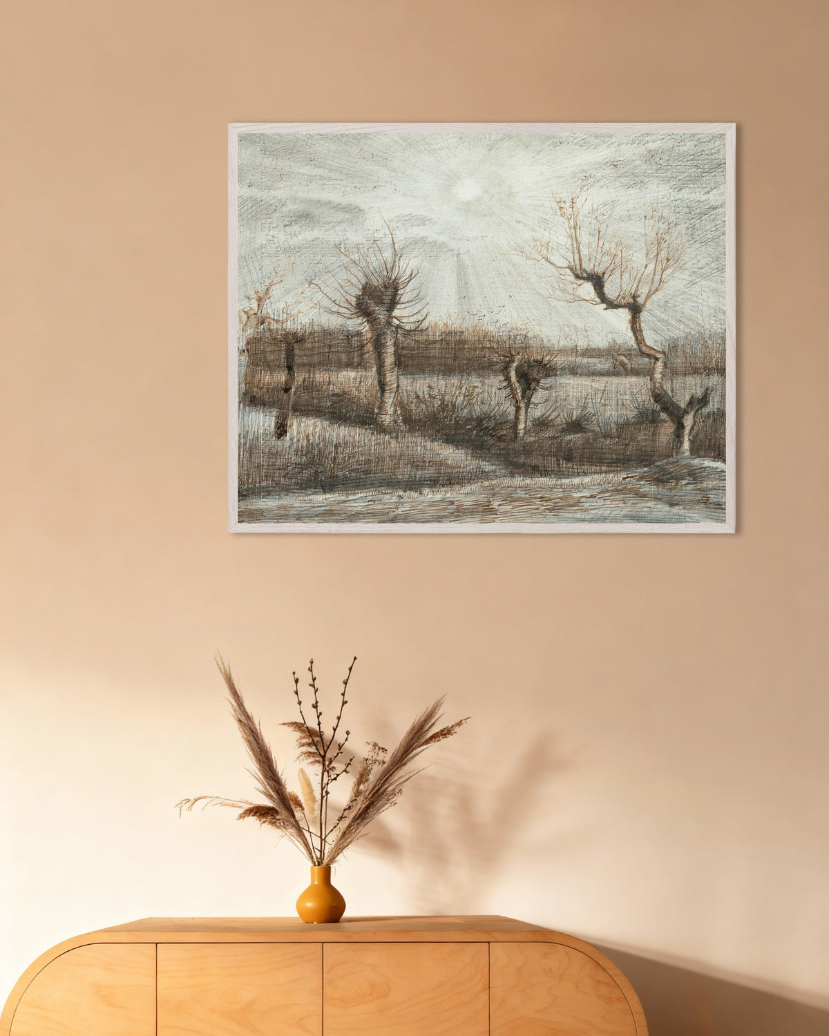 Plakat „Płaczące wierzby (1884), Vincent van Gogh” w białej drewnianej ramie