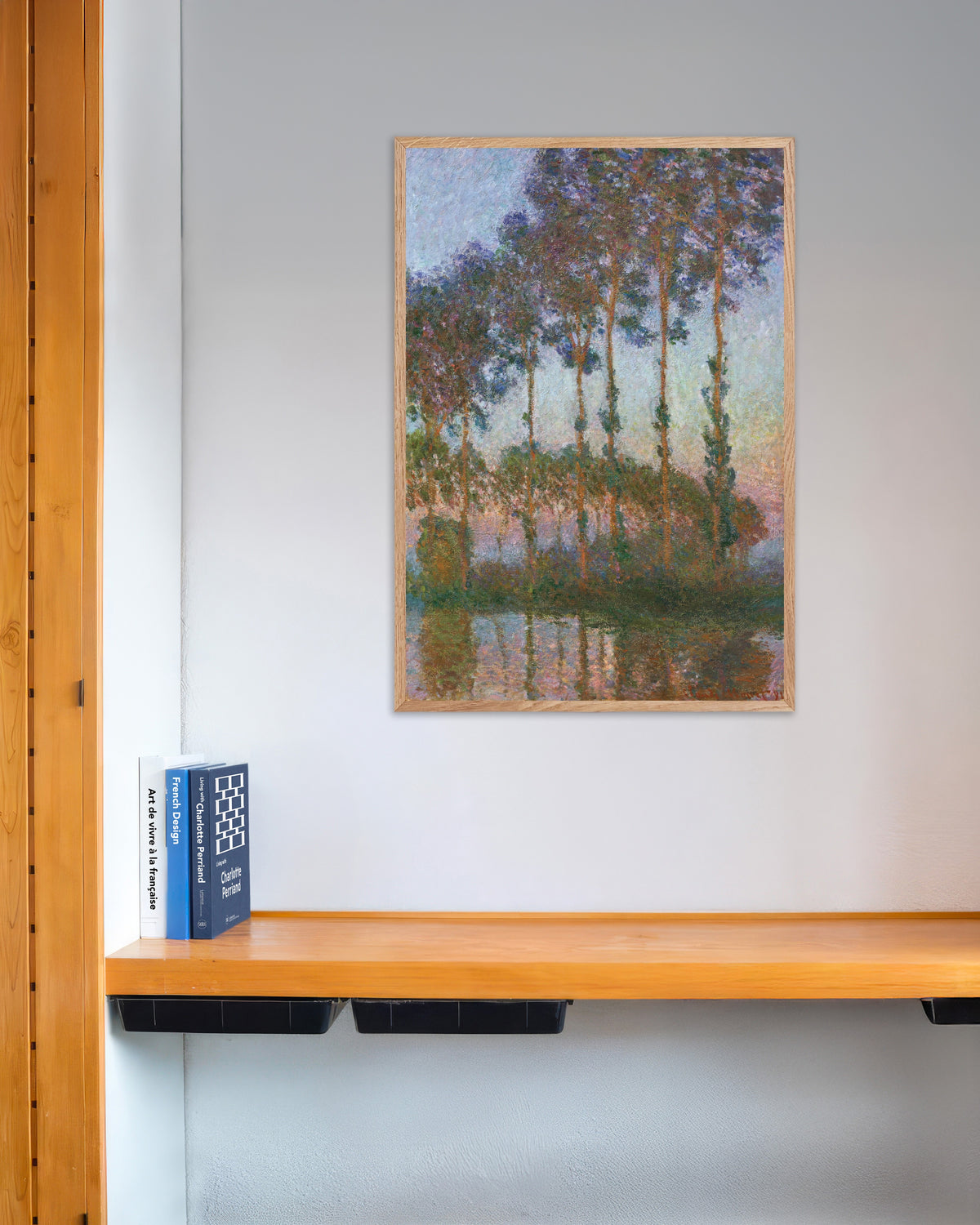 Plakat Topole nad brzegiem Epte, zmierzch (1891), Claude Monet, w ramie z naturalnego drewna