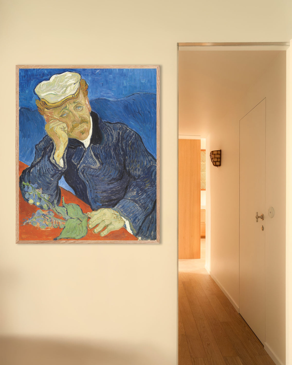 Plakat z Portret doktora Paula Gacheta (1890) Vincenta van Gogha, w ramie z naturalnego drewna