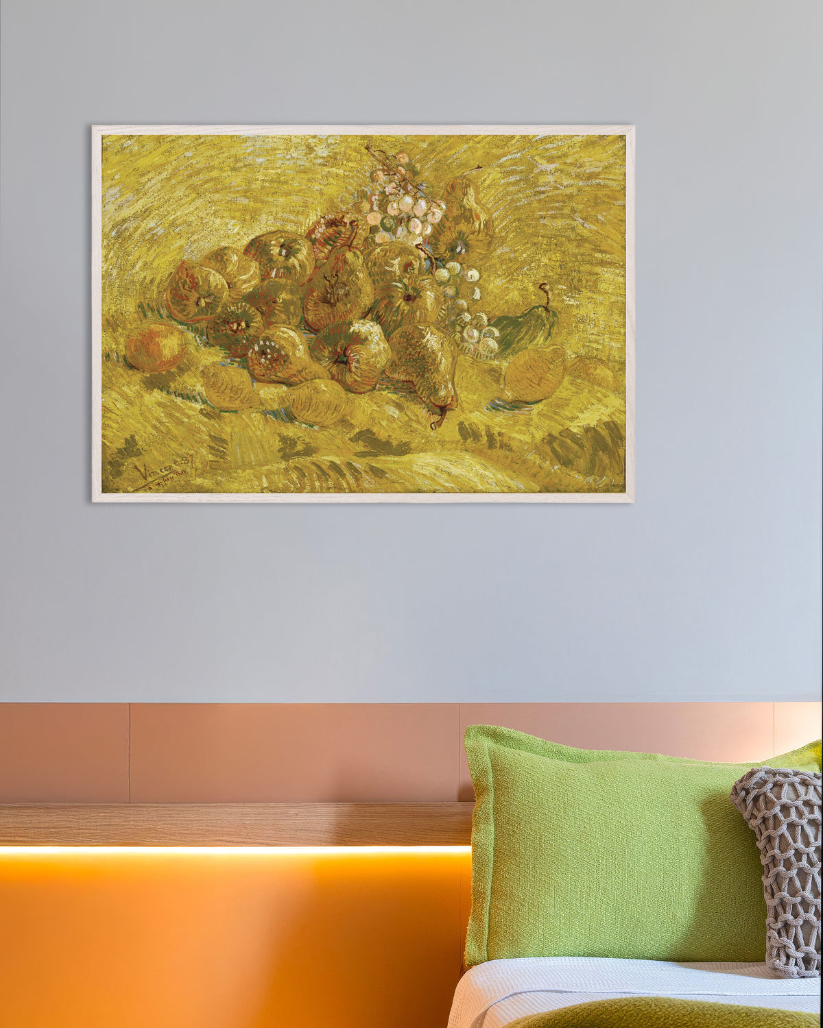 Plakat „Pigwy, cytryny, gruszki i winogrona (1887), Vincent van Gogh” w białej drewnianej ramie
