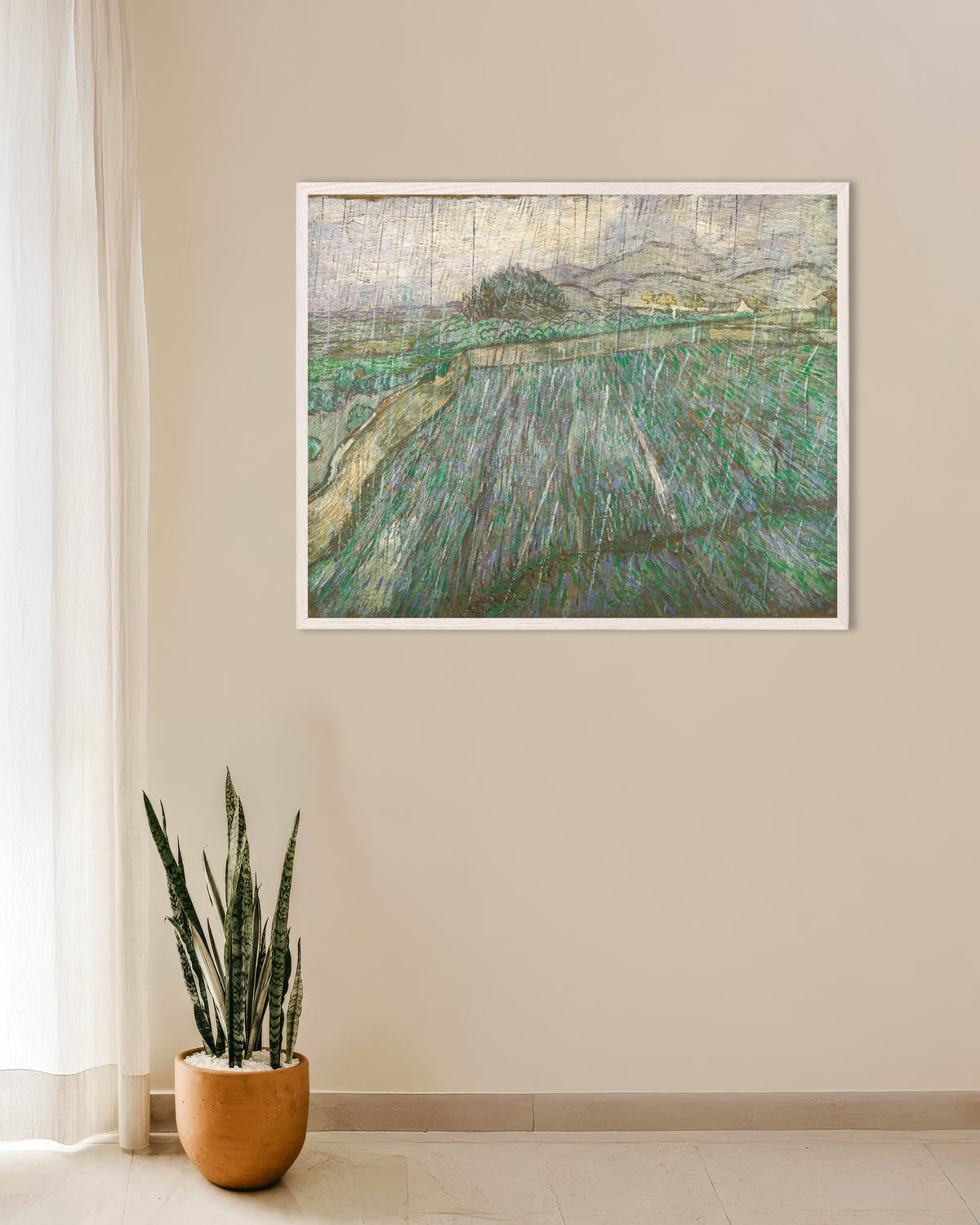 Plakat „Deszcz (1889), Vincent van Gogh” w białej drewnianej ramie