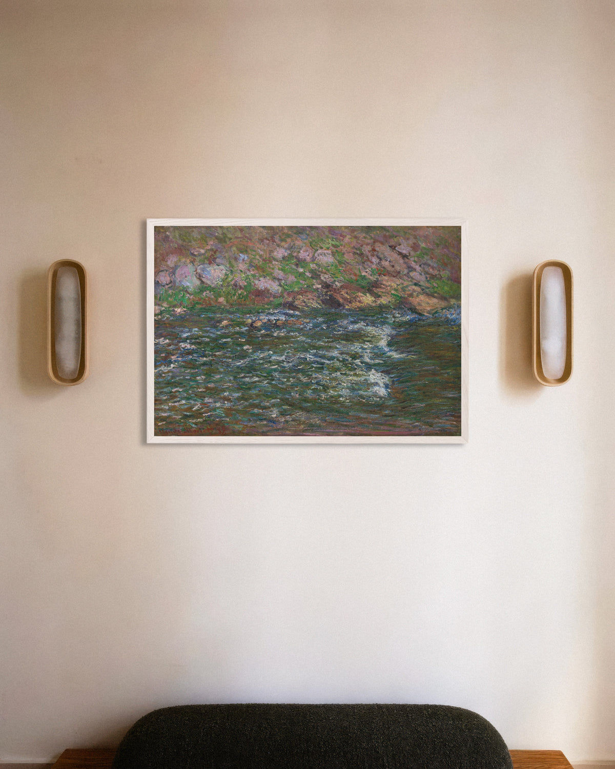 Plakat Bystrza na Petite Creuse w Fresselines (1889), Claude Monet, w białej drewnianej ramie