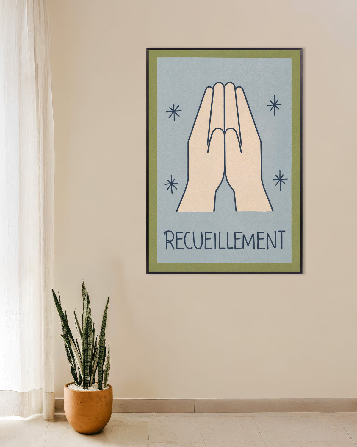 Recueillement – minimalistyczny plakat z rysunkiem konturowym, w metalowej ramie