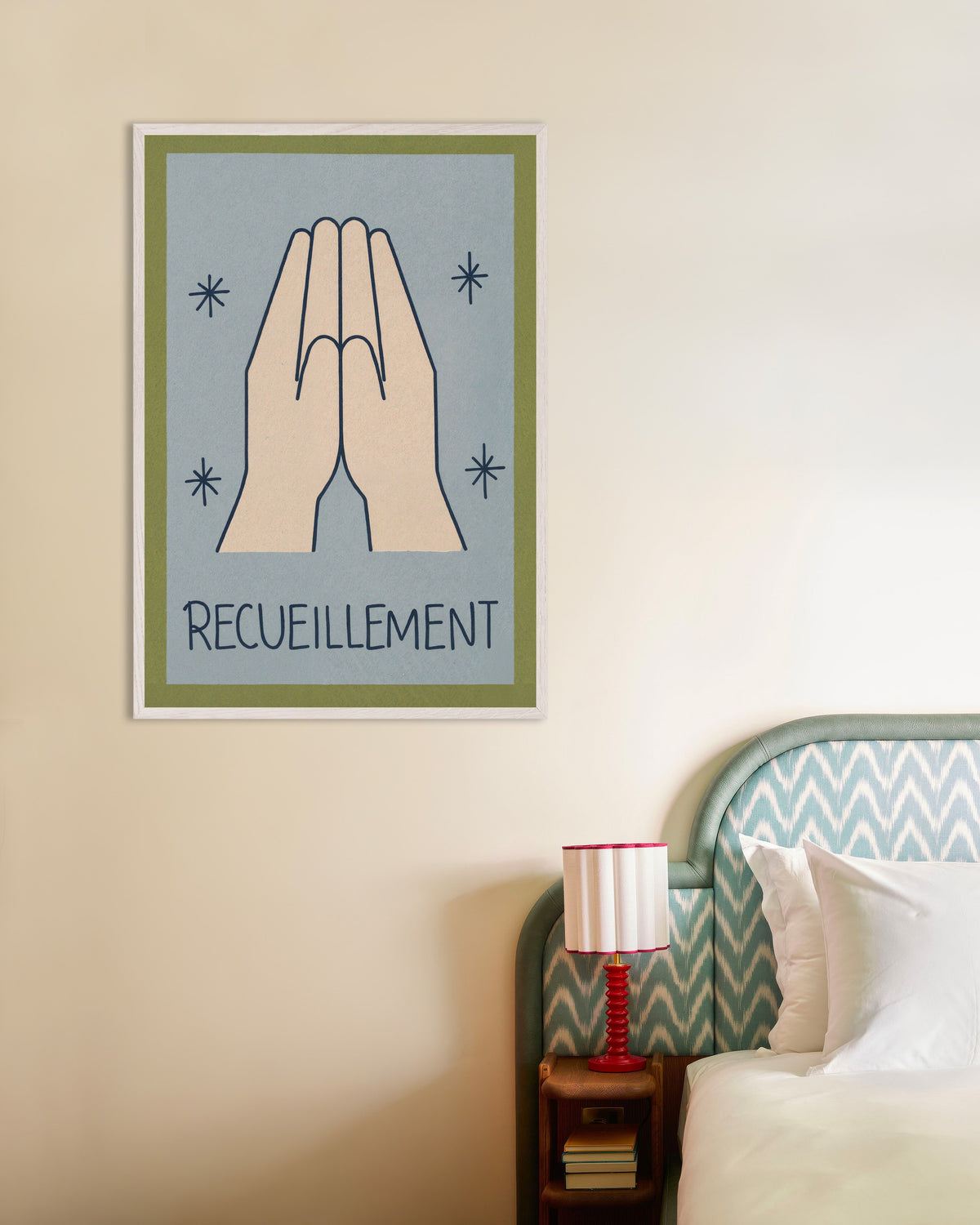 Recueillement – minimalistyczny plakat z rysunkiem konturowym, w białej drewnianej ramie