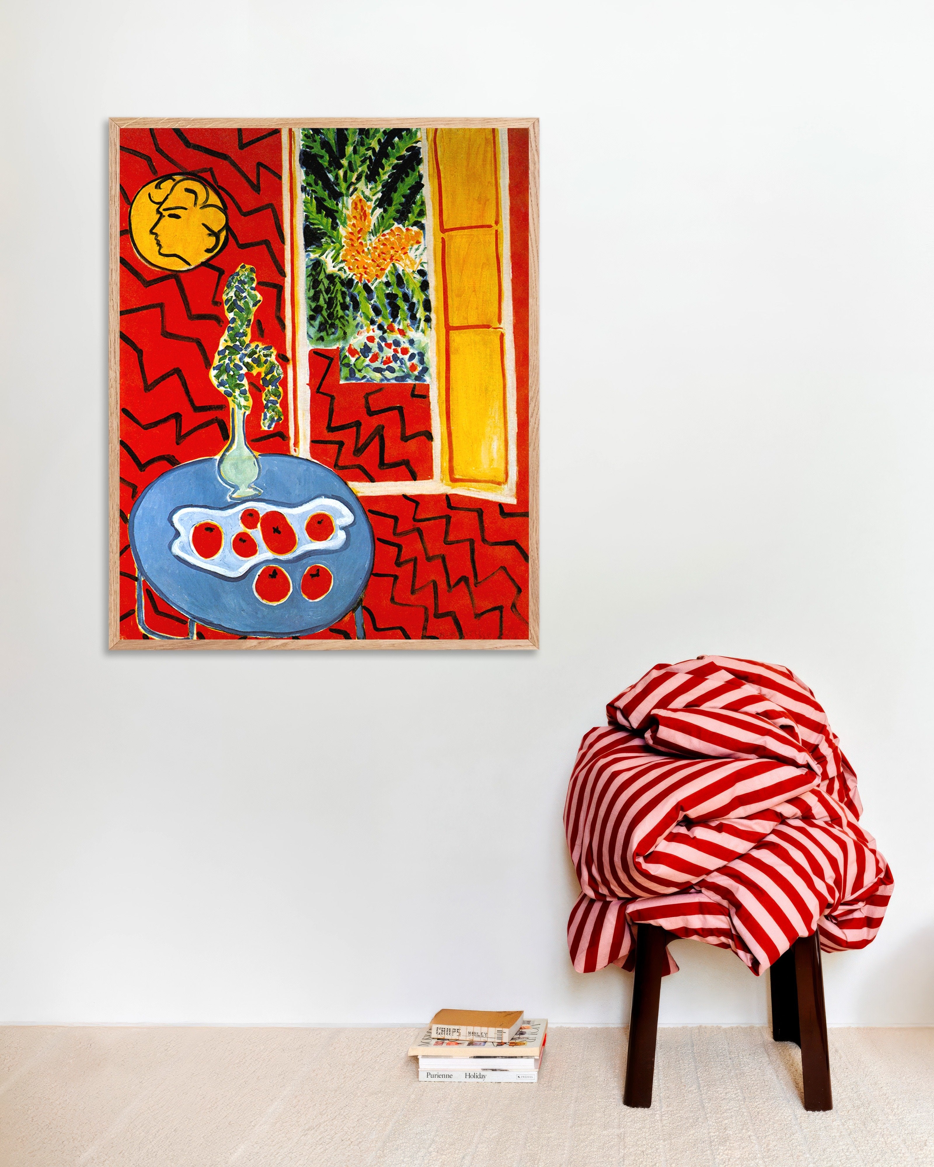 Poster of Red interior, still life on blue table by Henri Matisse, with natural wooden frame