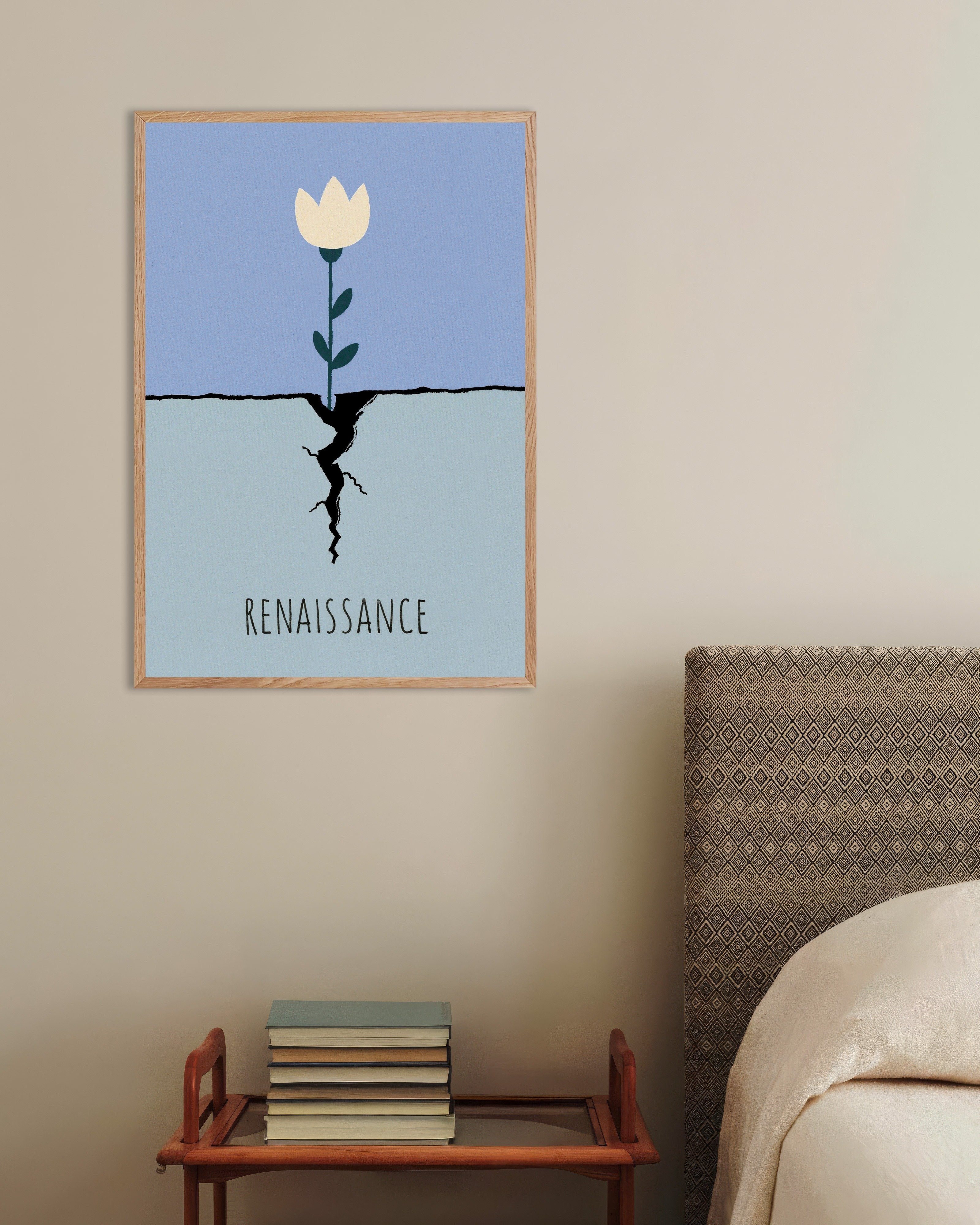 Poster of Renaissance Bloom: Flower Through the Crack, with natural wooden frame